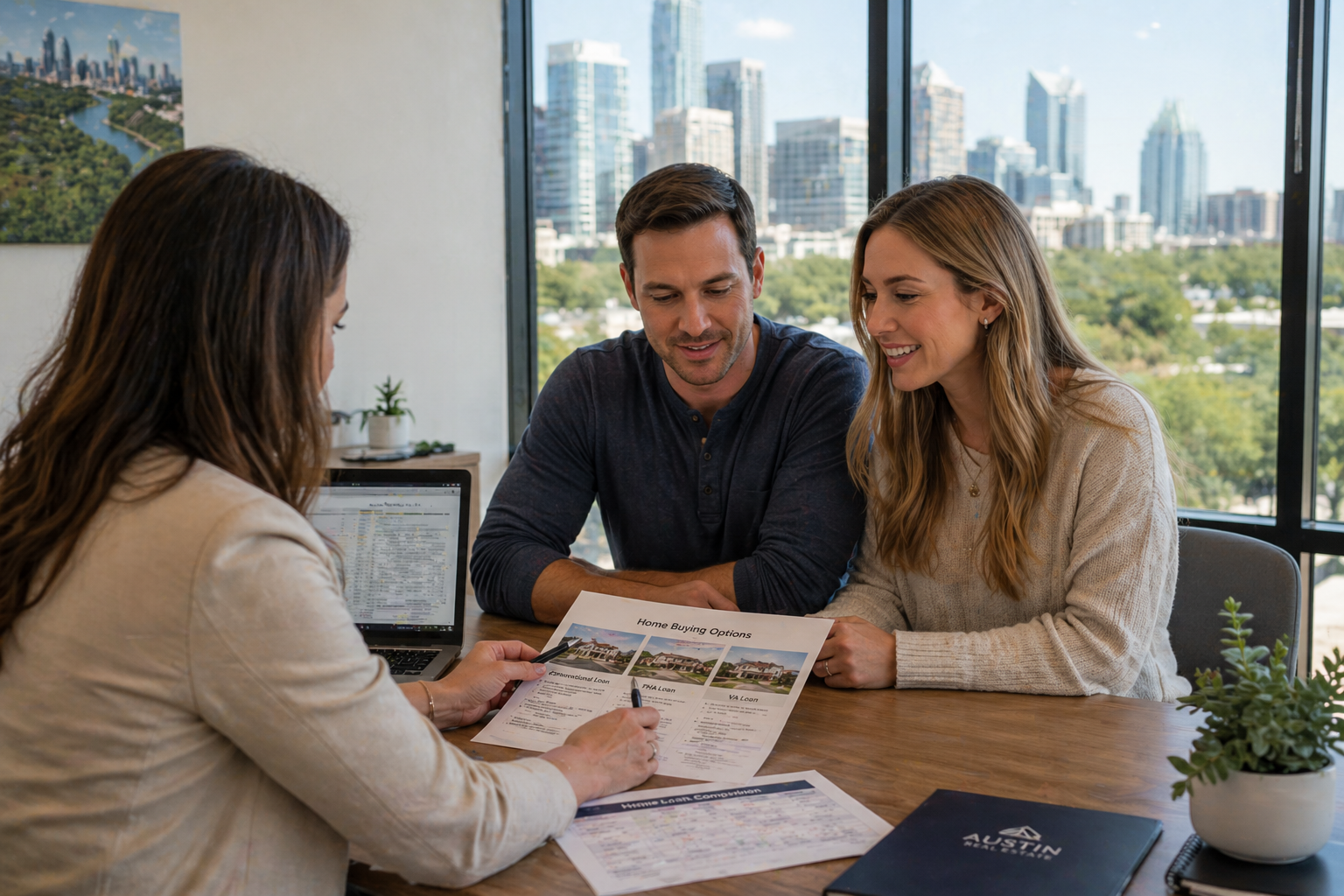 Austin real estate couple reviewing home buying options with local buyers