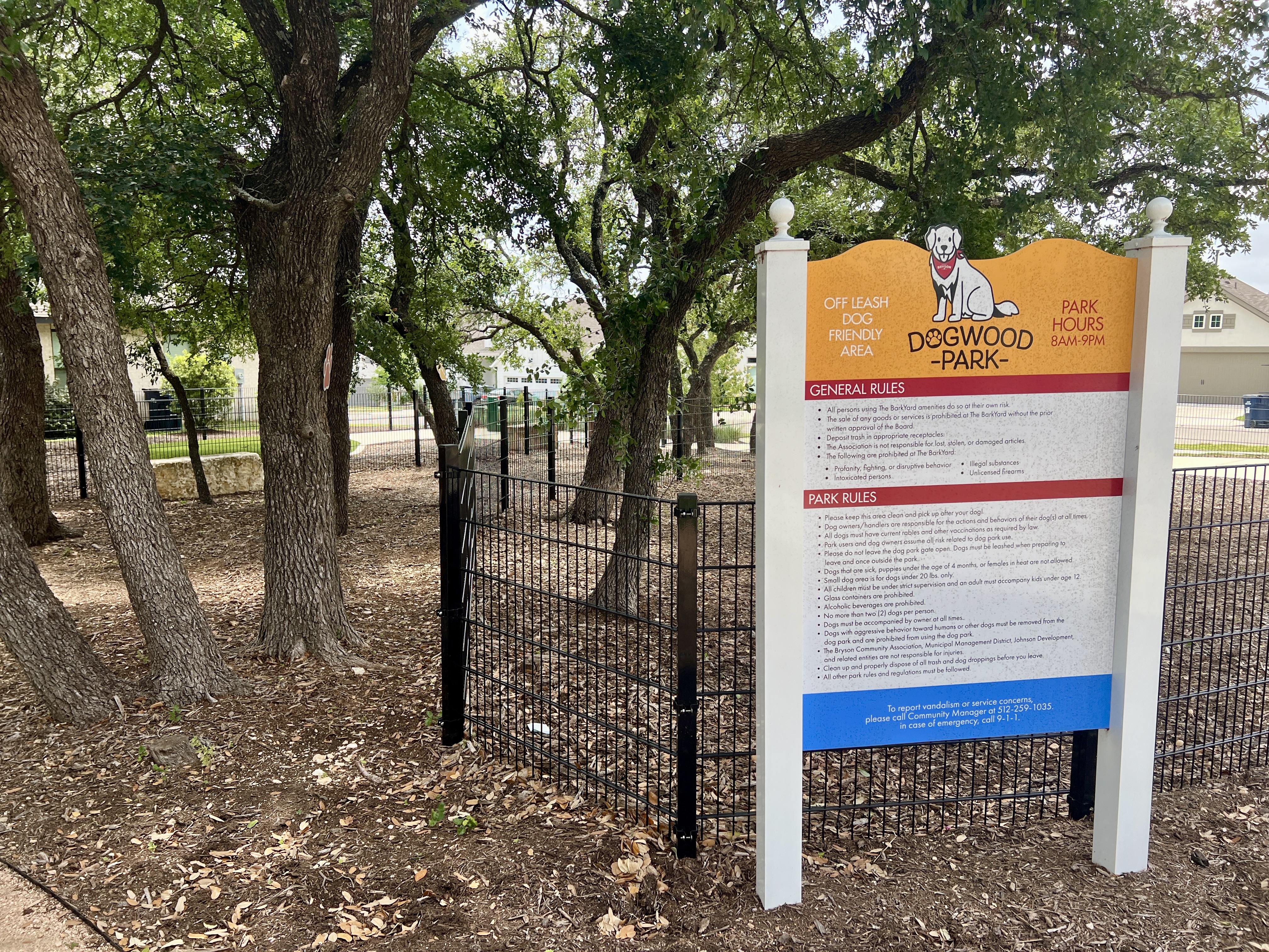 Dog park at Dogwood Park in the Bryson community in Leander Texas