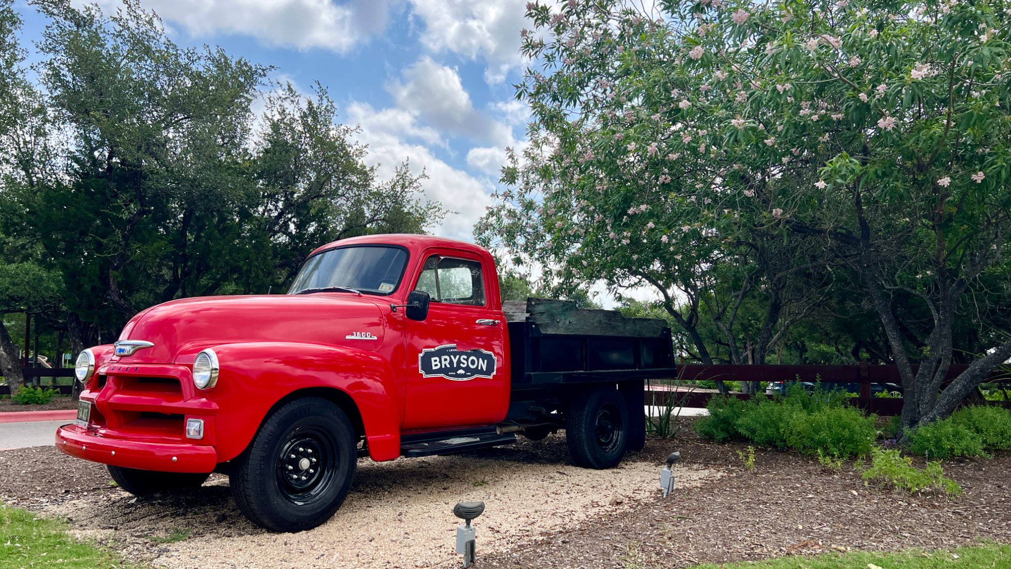 Vintage Bryson truck display at The Backyard amenity center in Leander Texas