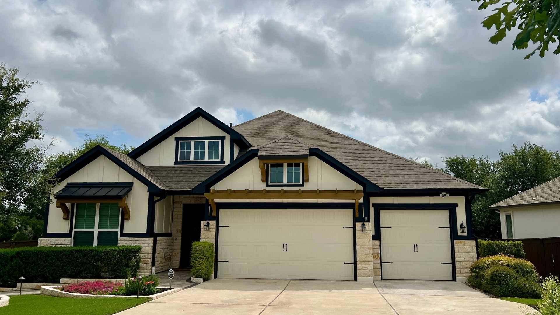 Bryson home exterior in Leander Texas with modern suburban architecture and landscaped front yard