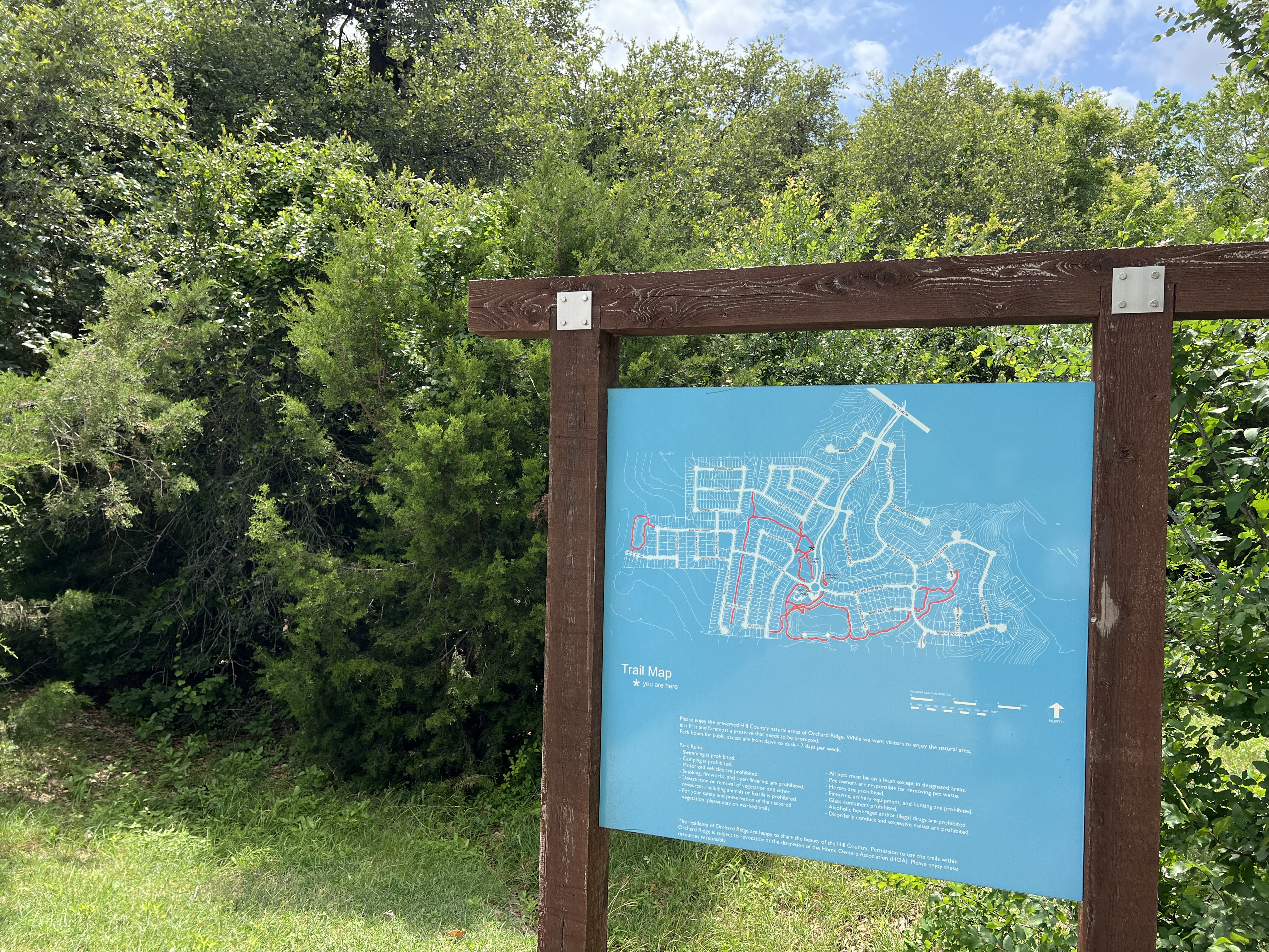 Walking trail map in Orchard Ridge Liberty Hill Texas highlighting neighborhood trails and outdoor community amenities