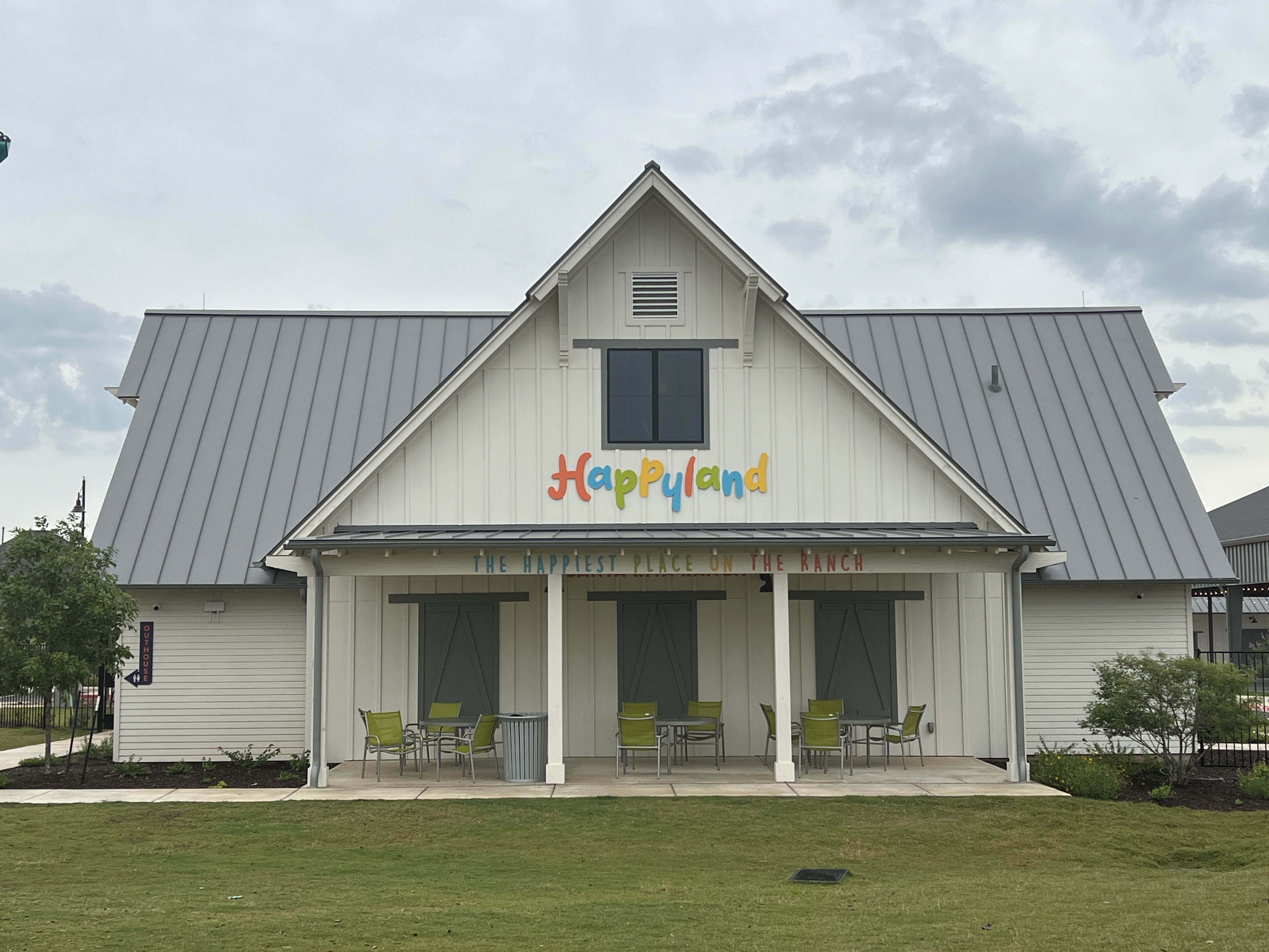 Back view of the Happyland playground building at Santa Rita Ranch in Liberty Hill Texas