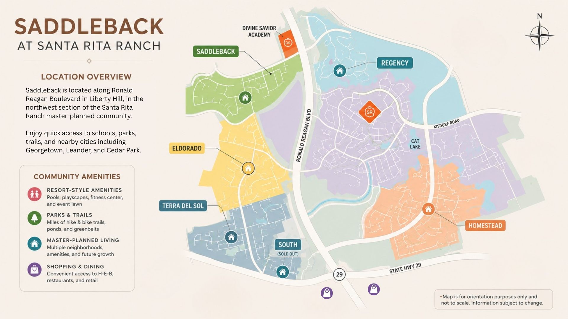 Map showing Saddleback at Santa Rita Ranch near Ronald Reagan Boulevard in Liberty Hill Texas