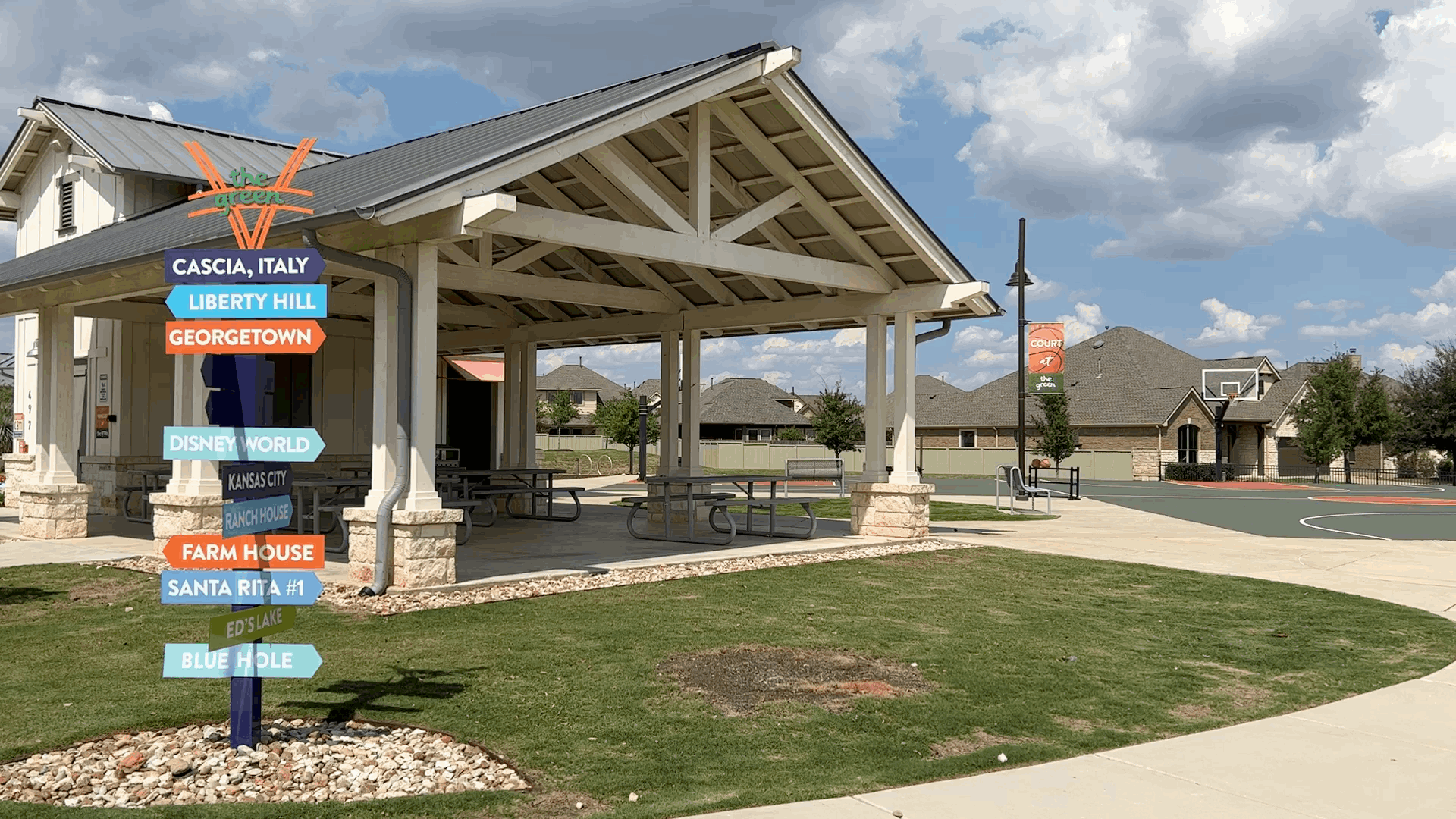 Shaded picnic and outdoor gathering area at Santa Rita Ranch in Liberty Hill Texas