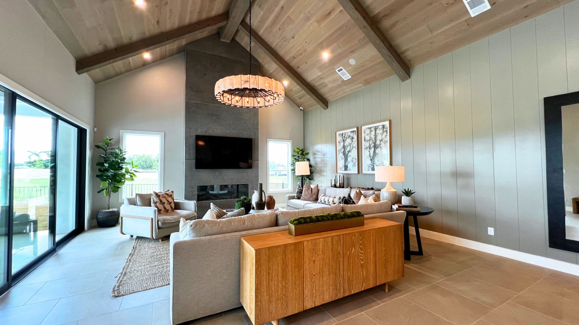 Cathedral ceiling great room in the Toll Brothers Bell Springs model home at Woodland Estates