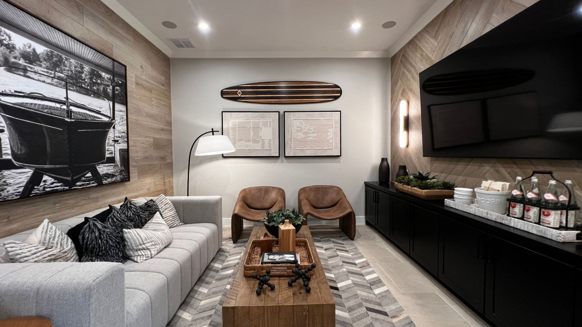 Media room in the Toll Brothers Bell Springs model home at Woodland Estates