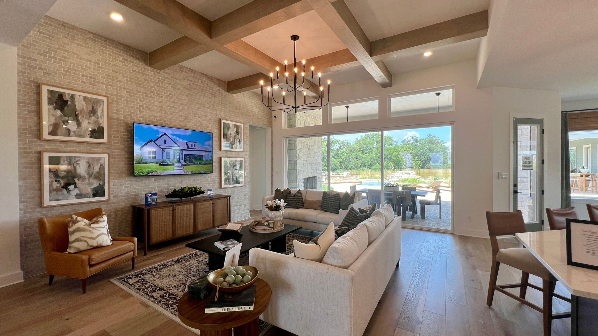 Living room inside the David Weekley Monterey model home at Leander Estates in Leander Texas