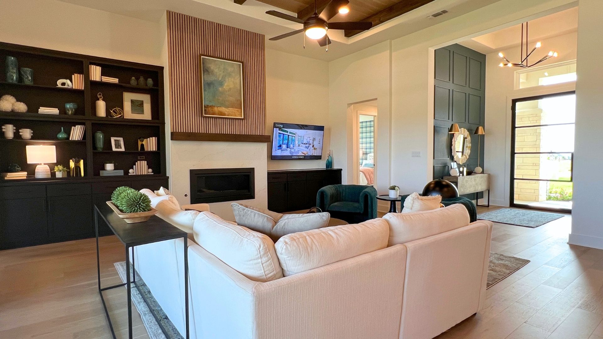 Luxury living room in the Giddens Kerrville model home at Leander Estates in Leander Texas