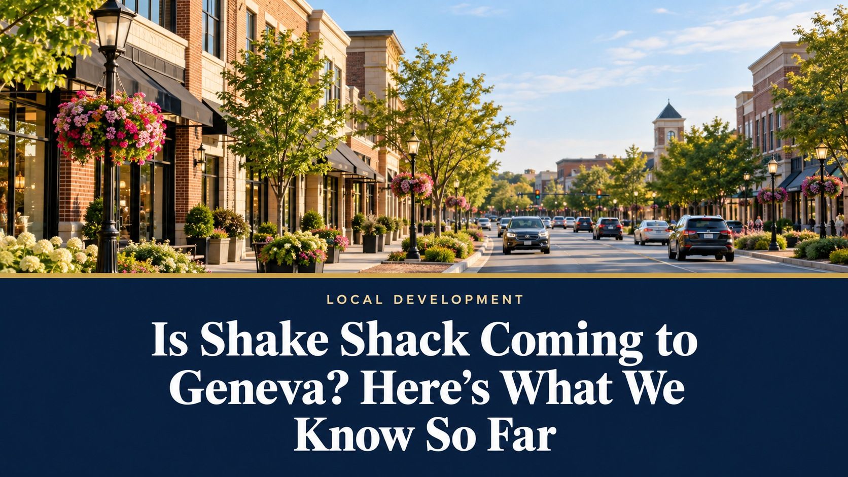 Is Shake Shack coming to Geneva? Editorial illustration of a suburban commercial street with the article title in a navy and gold banner.