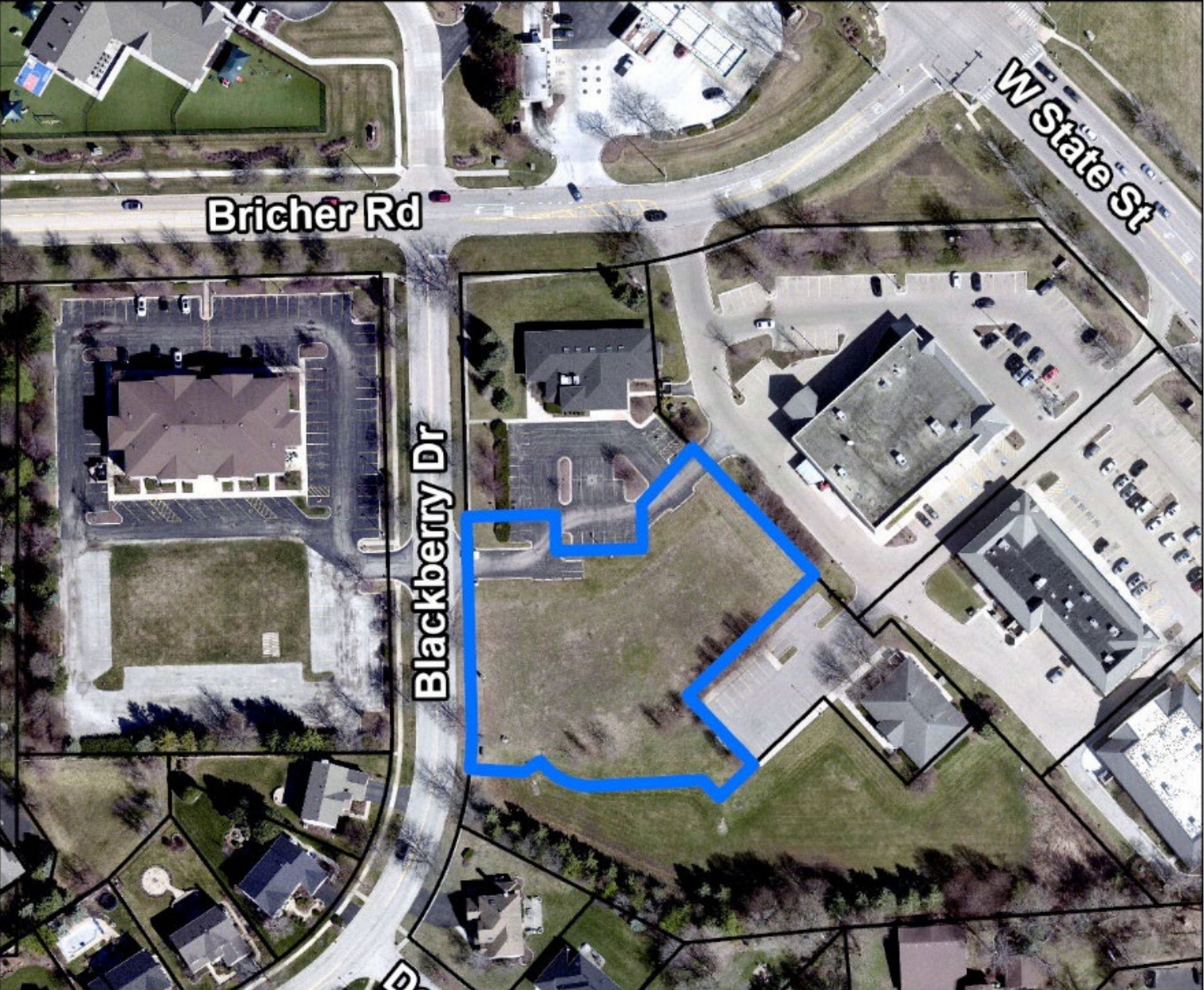 City of Geneva location map of the vacant lot between 2197 and 2075 Blackberry Drive, south of Bricher Road, outlined in blue.