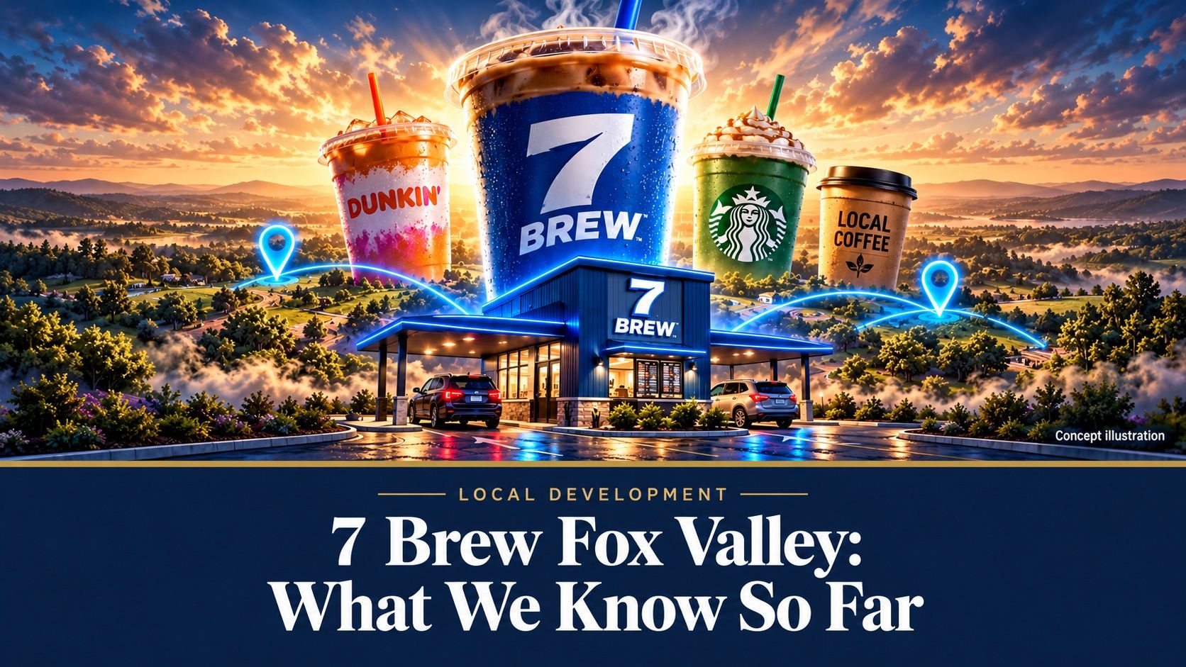 Concept illustration of a blue 7 Brew drink and stand with competing coffee brands at sunset, with the 7 Brew Fox Valley blog title in a navy and gold banner.