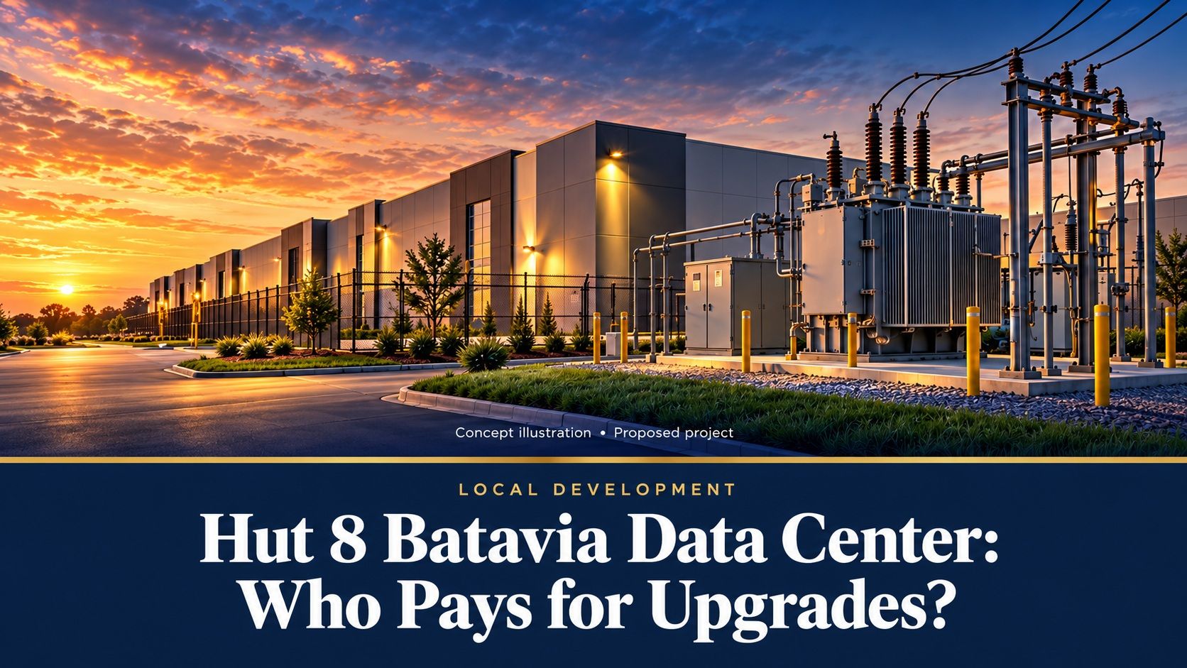 Concept illustration of the Hut 8 Batavia data center topic, showing an industrial building and electrical equipment at sunset above the navy and gold blog title banner.
