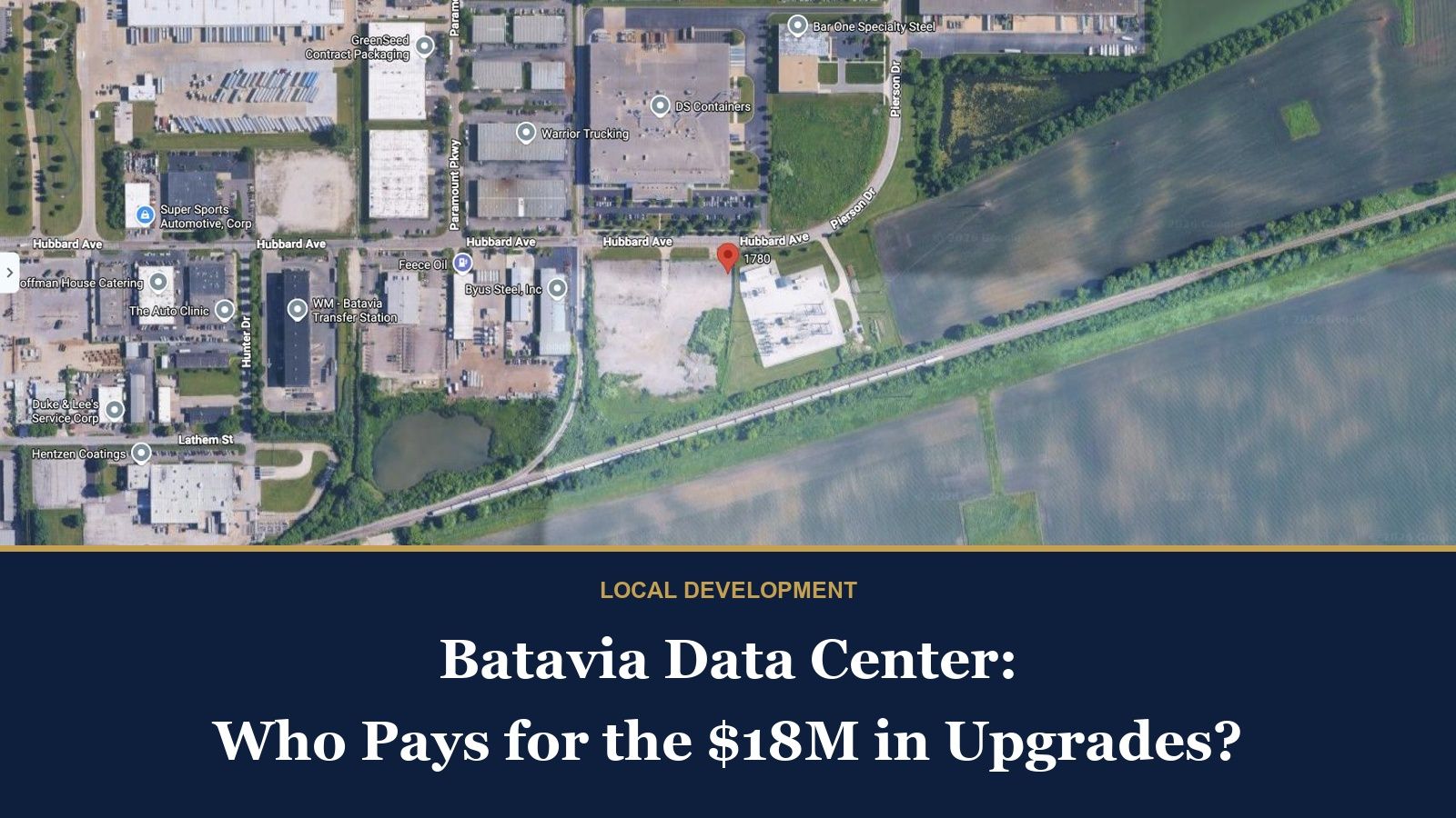 Actual satellite view of 1780 Hubbard Avenue in Batavia, with a navy and gold title banner about who pays for electrical upgrades.