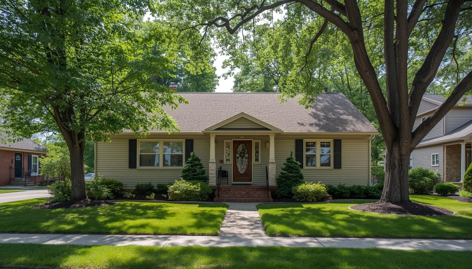 Single-story home with welcoming porch and mature trees for downsizing in Fox River Valley