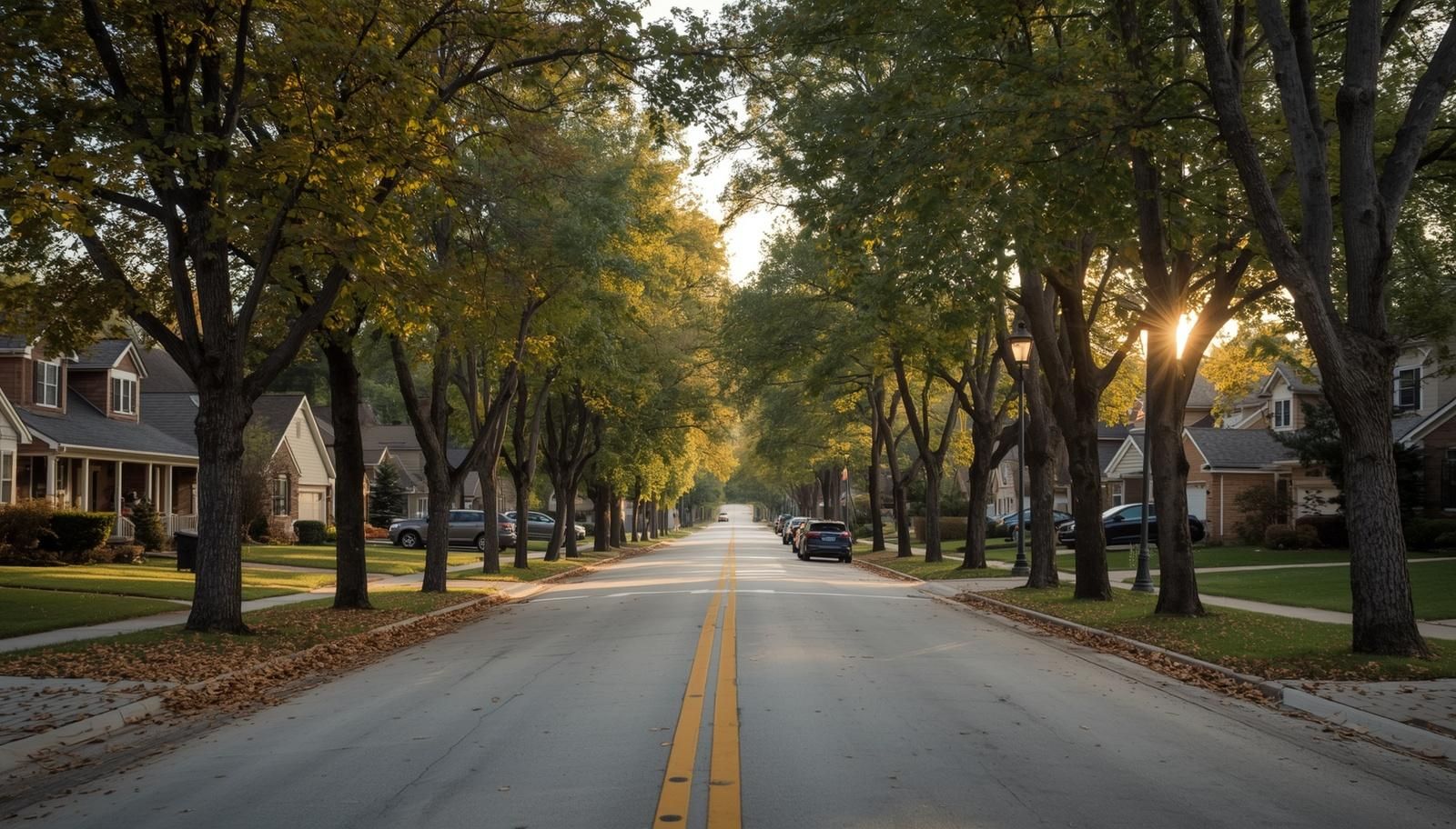 Tree-lined suburban street in the Fox River Valley at golden hour