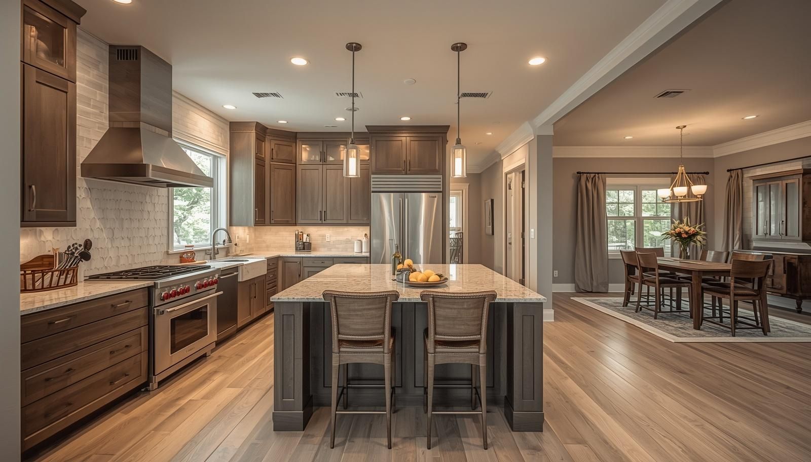Spacious modern kitchen with warm interior lighting and open floor plan in a Fox River Valley home