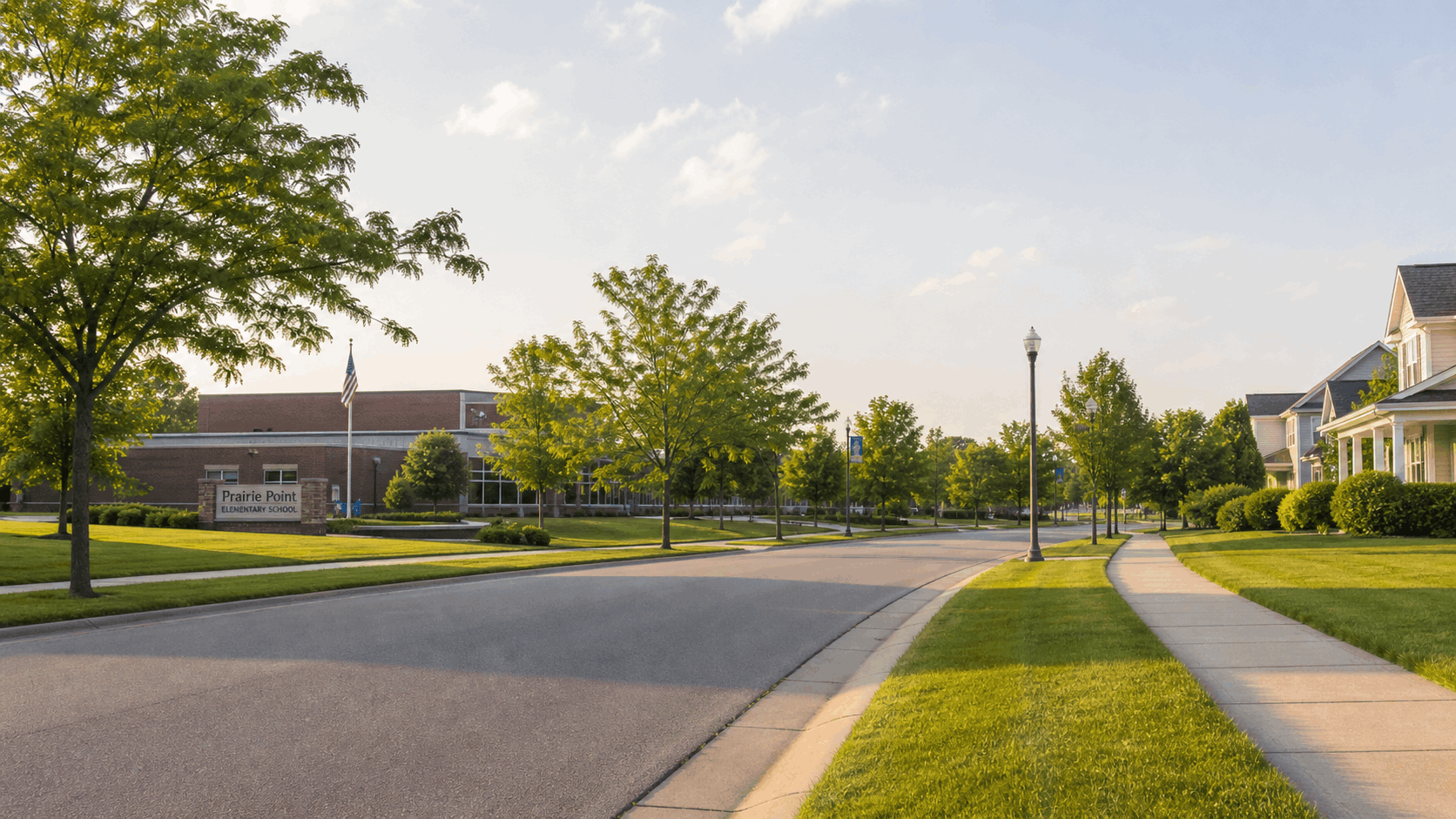 Tree-lined suburban street in the Fox River Valley at golden hour