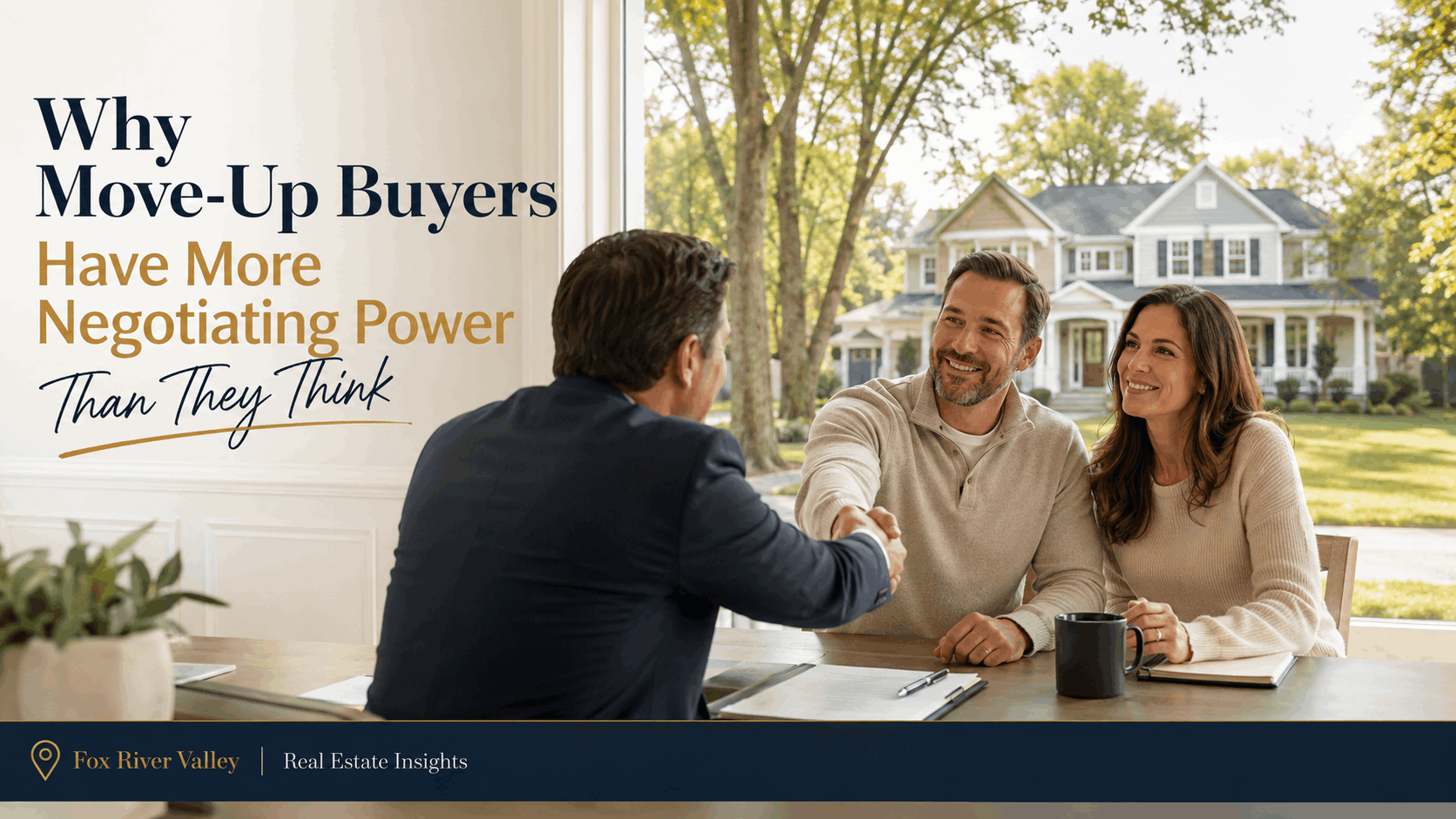 Move-up buyer couple at a table extending a confident handshake, Fox River Valley Illinois real estate