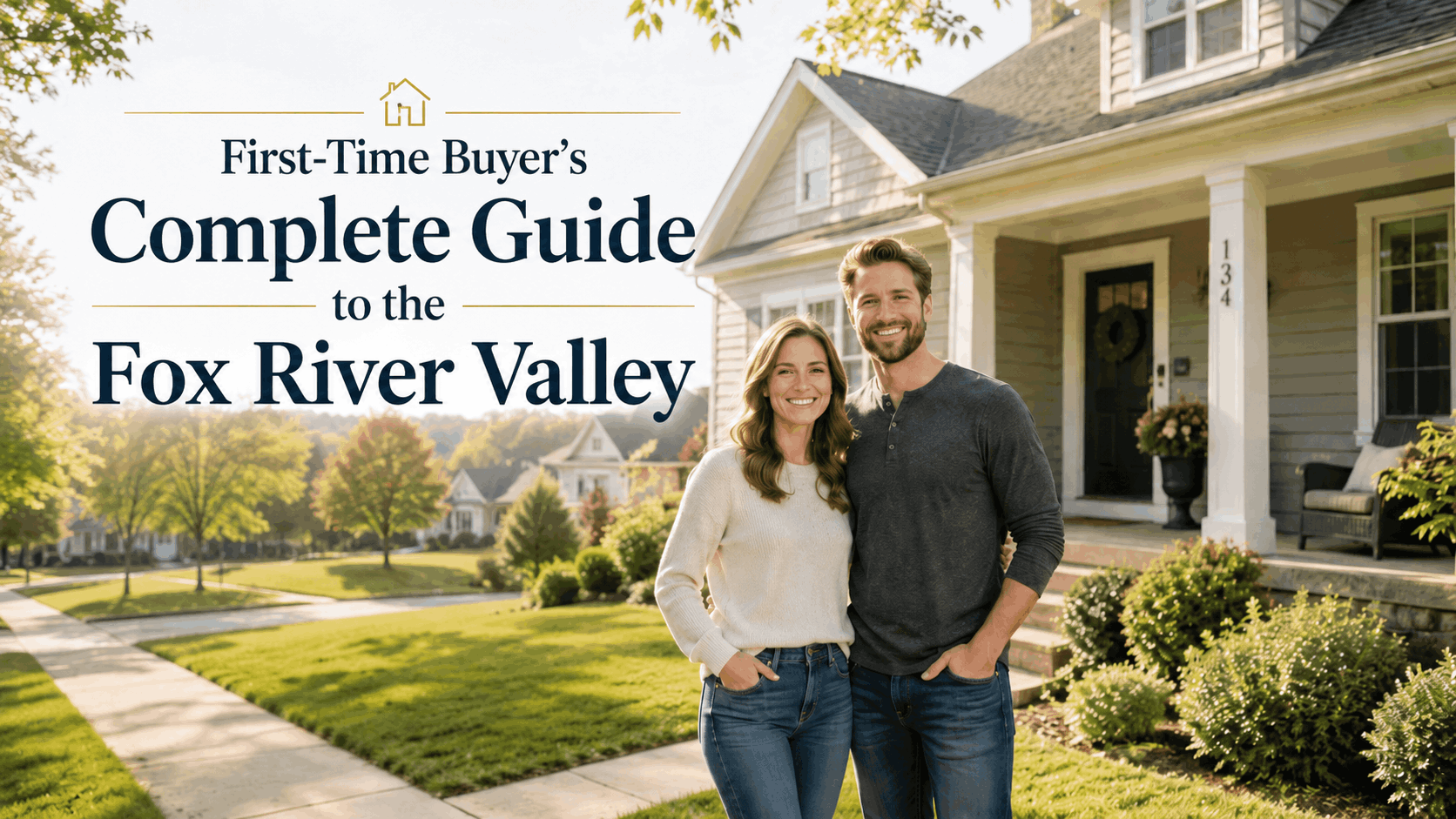 First-time buyers in front of a charming Fox River Valley home with a tidy front walkway in afternoon light