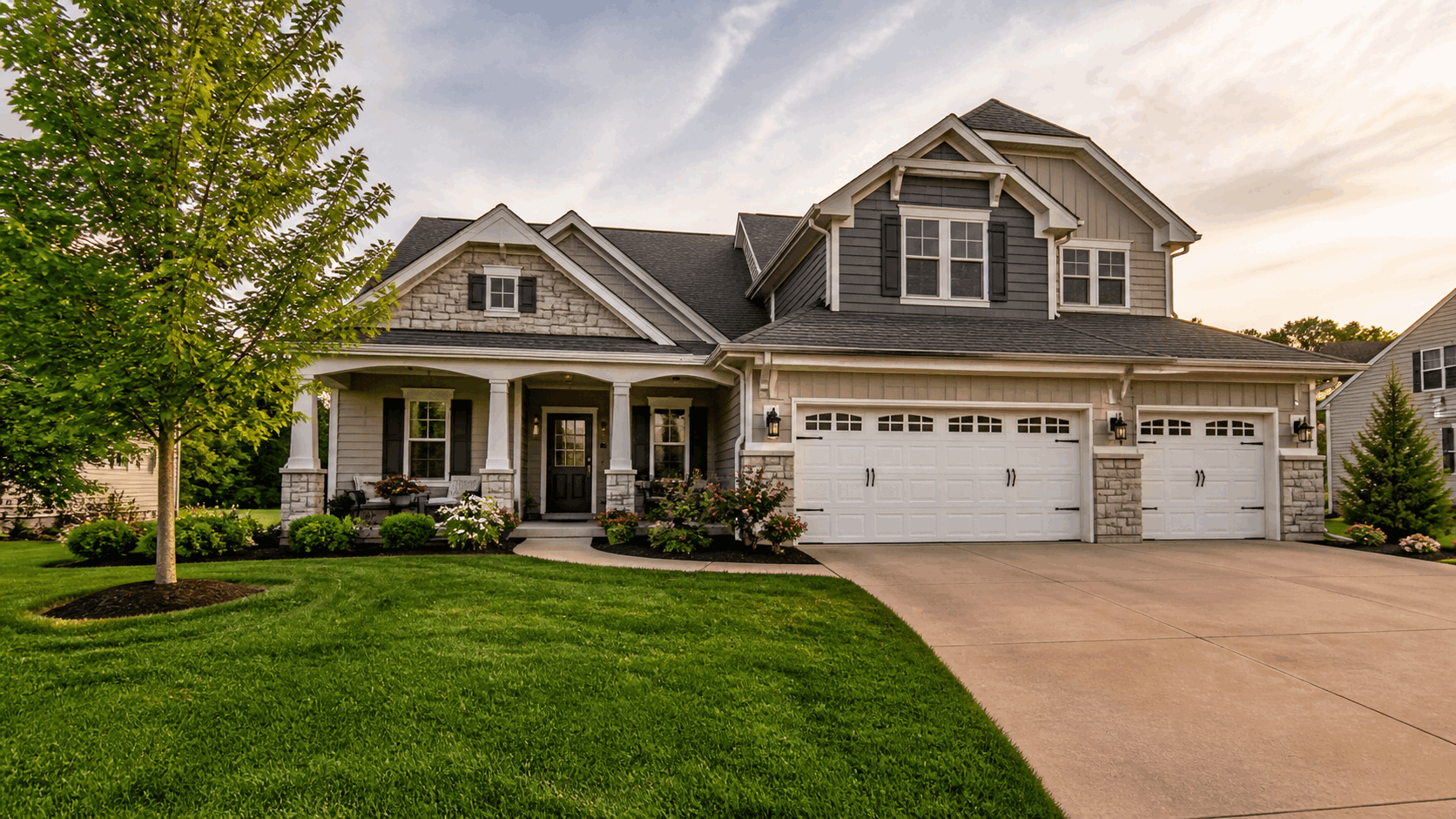 Well-staged Fox River Valley home exterior with polished curb appeal at golden hour