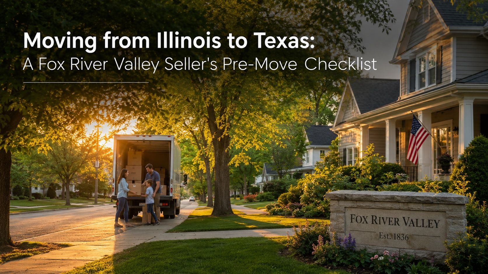Tree-lined suburban street at golden hour in the Fox River Valley, well-maintained homes and welcoming atmosphere