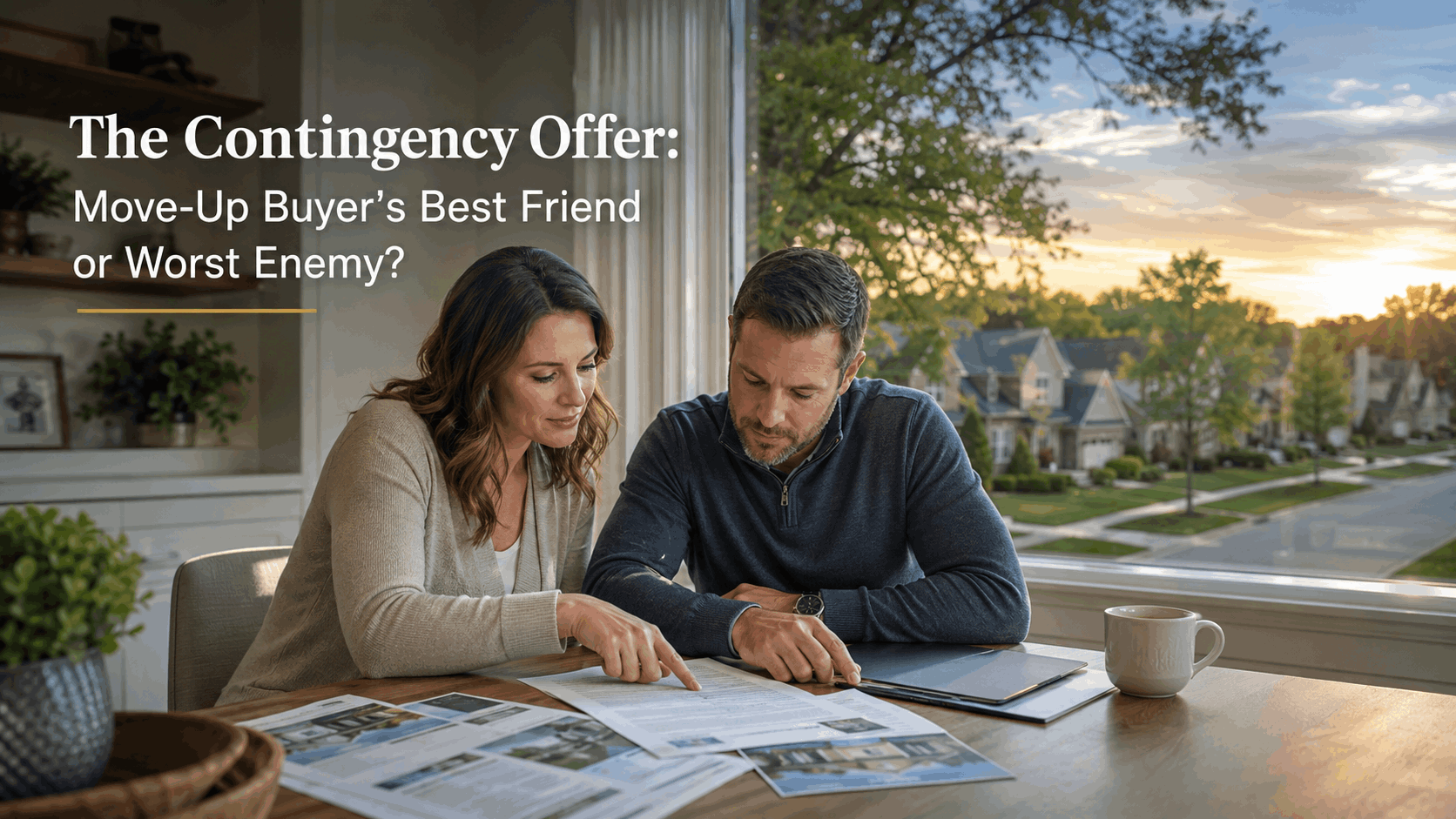 Move-up buyers reviewing a contingent offer on their next Fox River Valley home