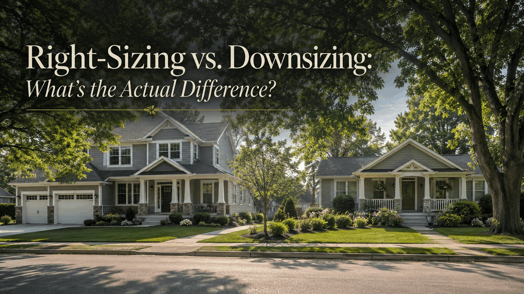 Two homes side by side on a quiet Fox River Valley street — a large family home and a tidy single-story cottage — illustrating right-sizing vs. downsizing in Illinois