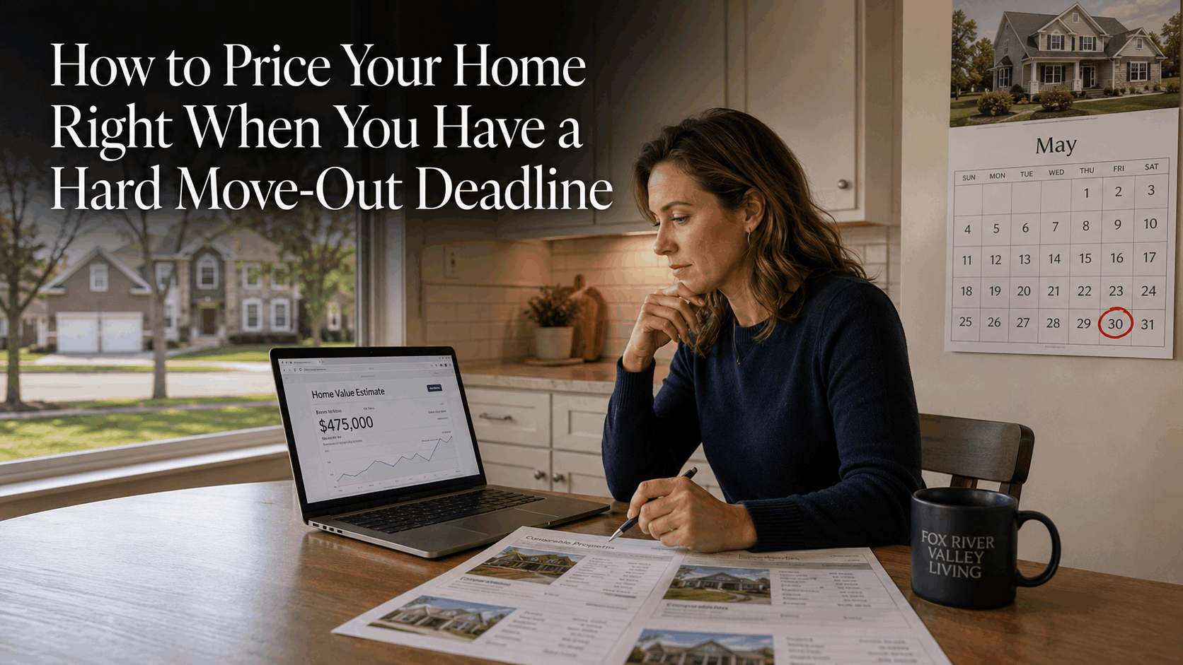 Homeowner reviewing home pricing documents at a kitchen table with a calendar visible, preparing for a relocation deadline in the Fox River Valley