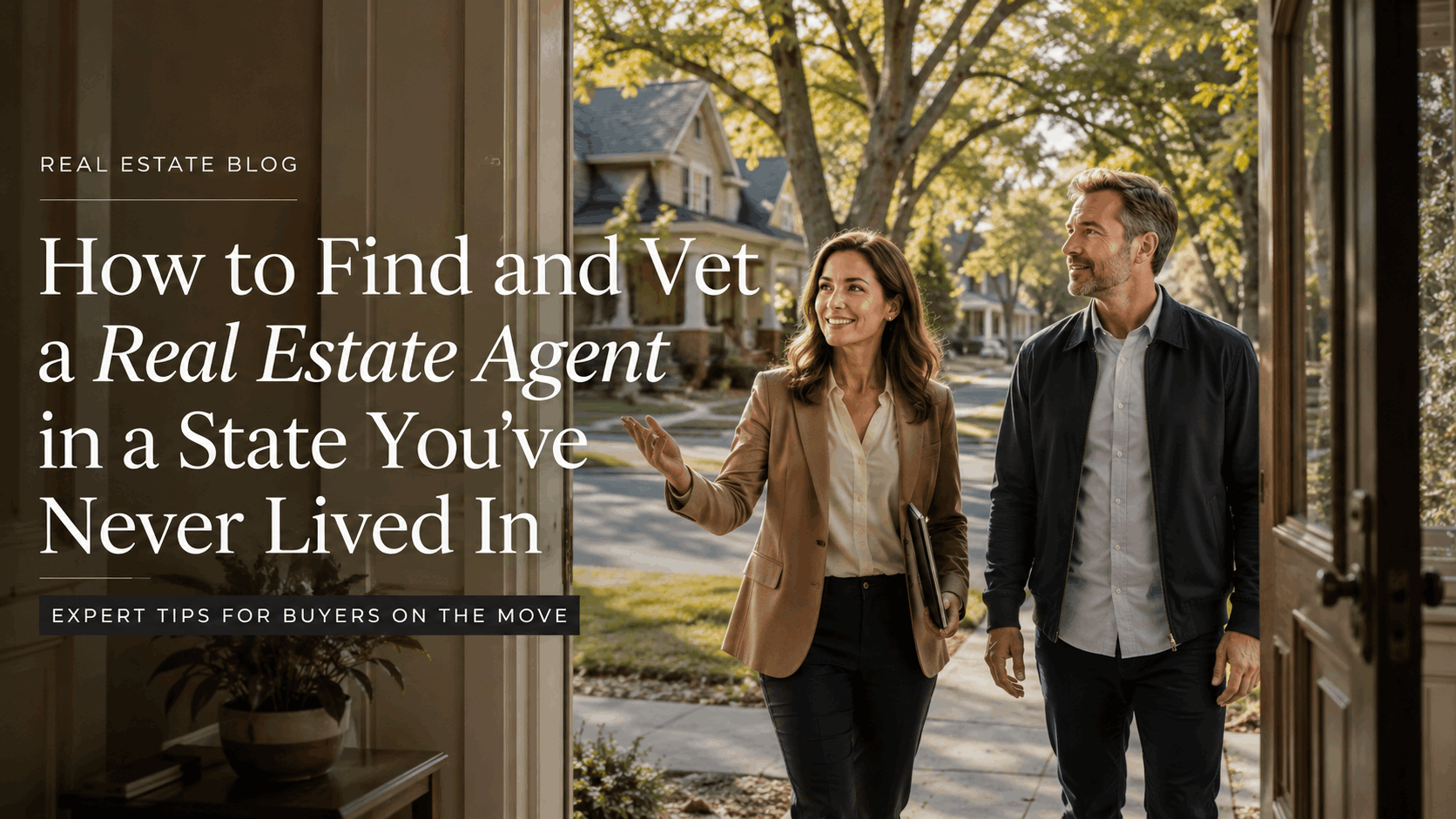 A confident real estate agent walking a homeowner through the front door of their home in a welcoming Fox River Valley neighborhood