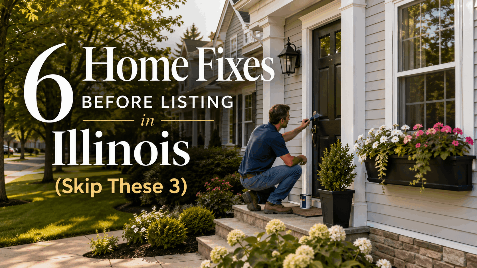 Homeowner touching up a front door and window box planting before listing an Illinois home