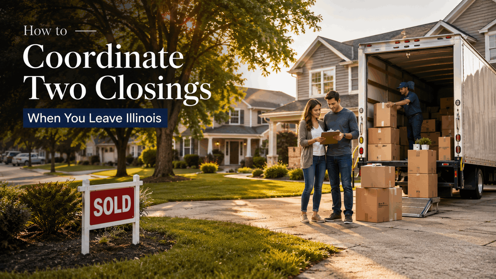 Moving truck and for-sale sign representing an Illinois seller coordinating two home closings