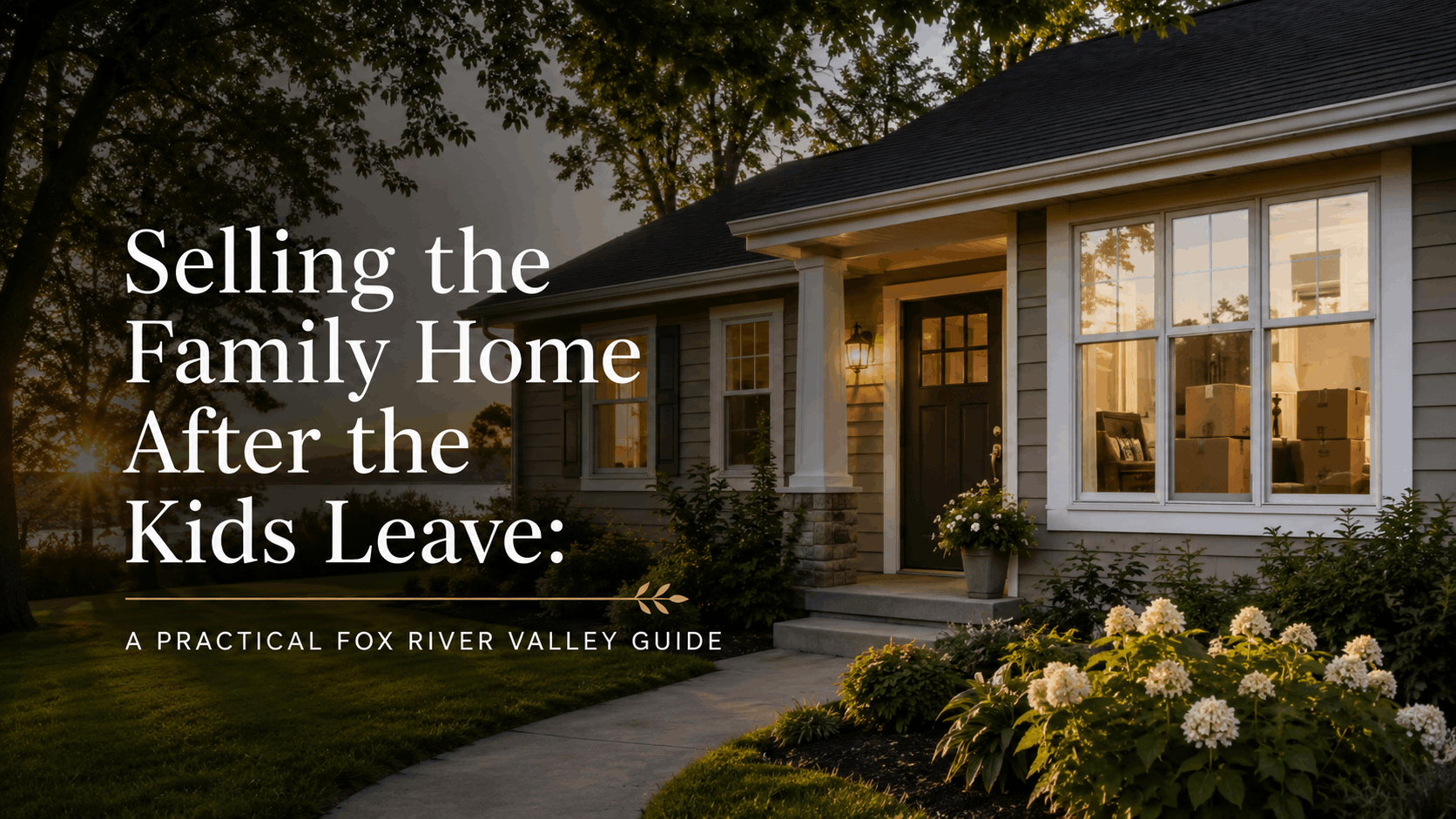 Quiet single-story family home exterior in the Fox River Valley at golden hour