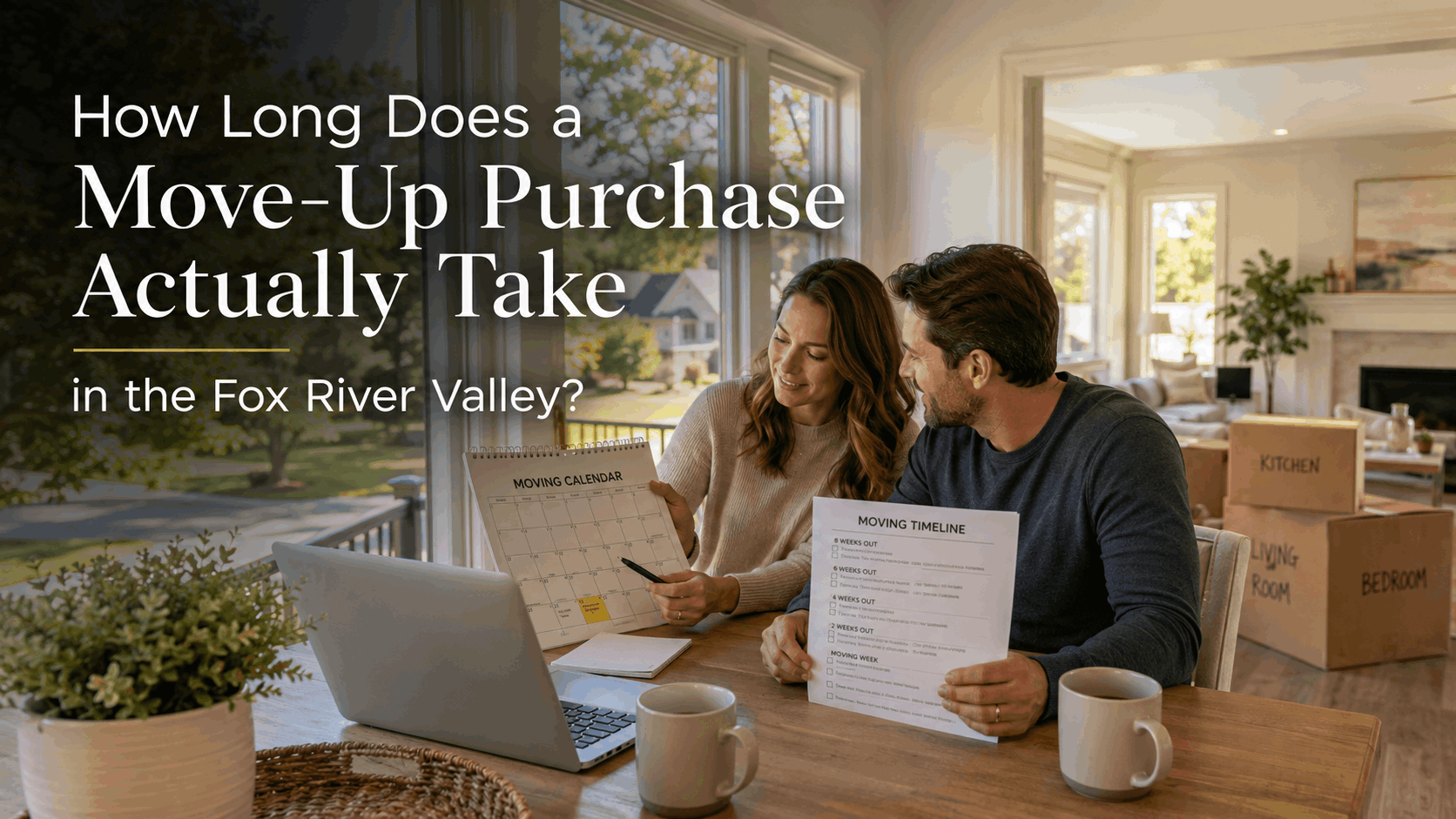 Couple reviewing a home-buying timeline at their kitchen table in the Fox River Valley