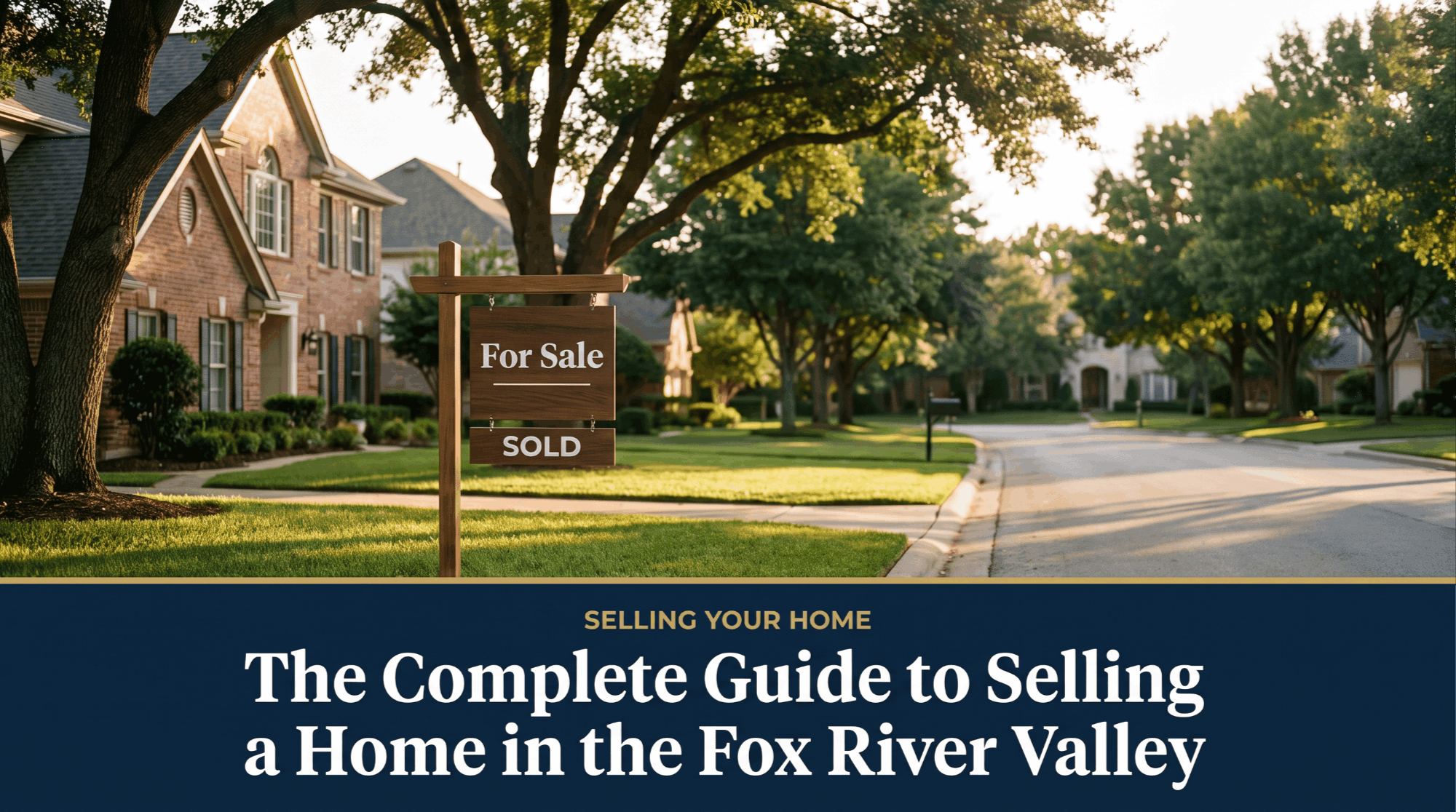 For-sale sign in front of a two-story home on a tree-lined street, selling a home in the Fox River Valley near St. Charles IL