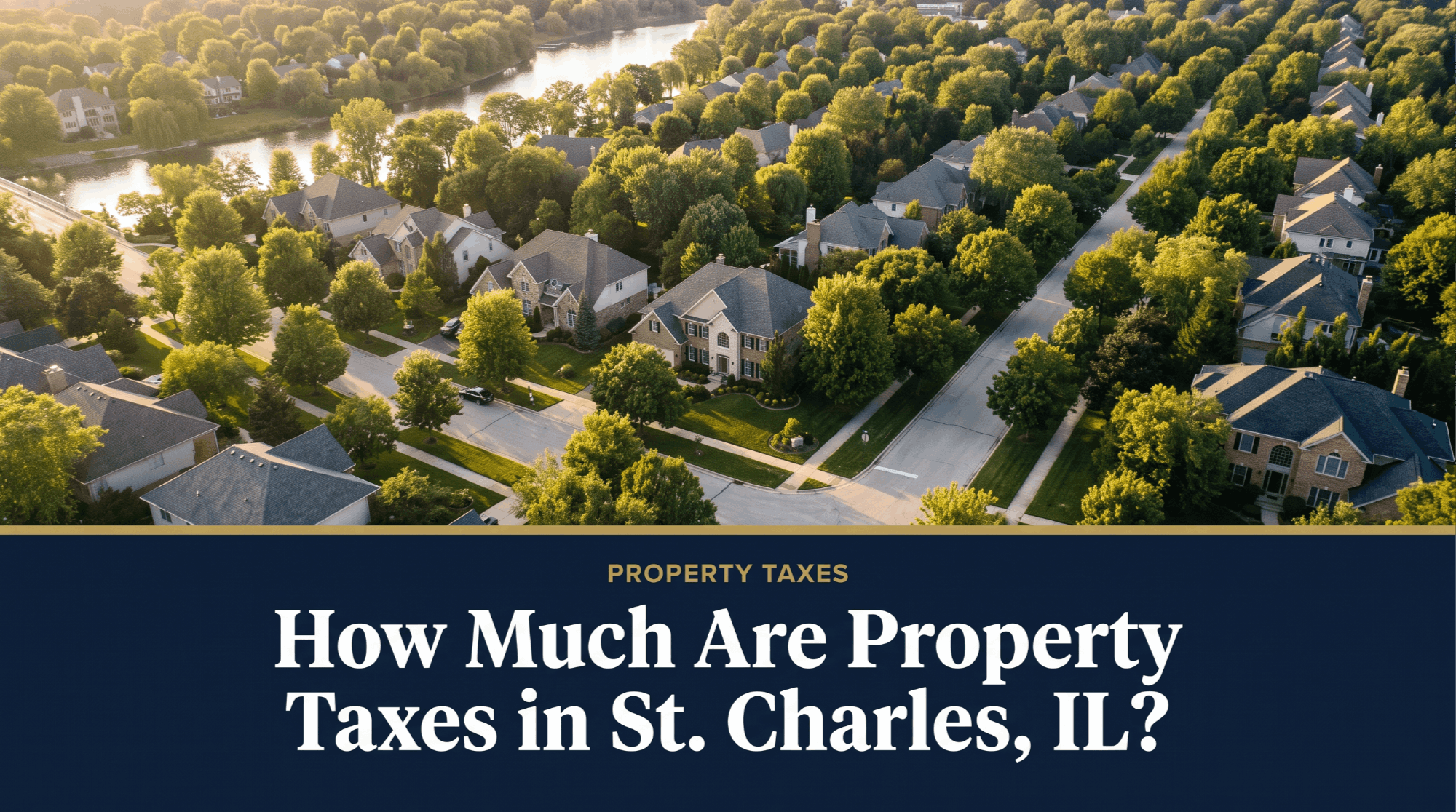 Aerial view of tree-lined residential homes in St. Charles near the Fox River at golden hour