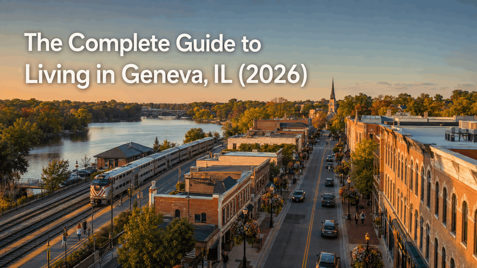 Downtown Geneva IL along Third Street and the Fox River at golden hour, historic shops and Metra station, living in Geneva Illinois