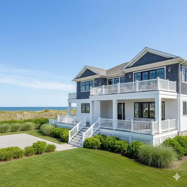 Elegant Avalon beach house with dark blue and white siding, large decks, overlooking sand dunes and ocean. Premium Jersey Shore homes