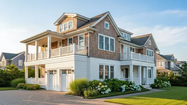 Classic Stone Harbor family home with cedar shakes and white trim, wide porch, paver driveway, and manicured landscaping