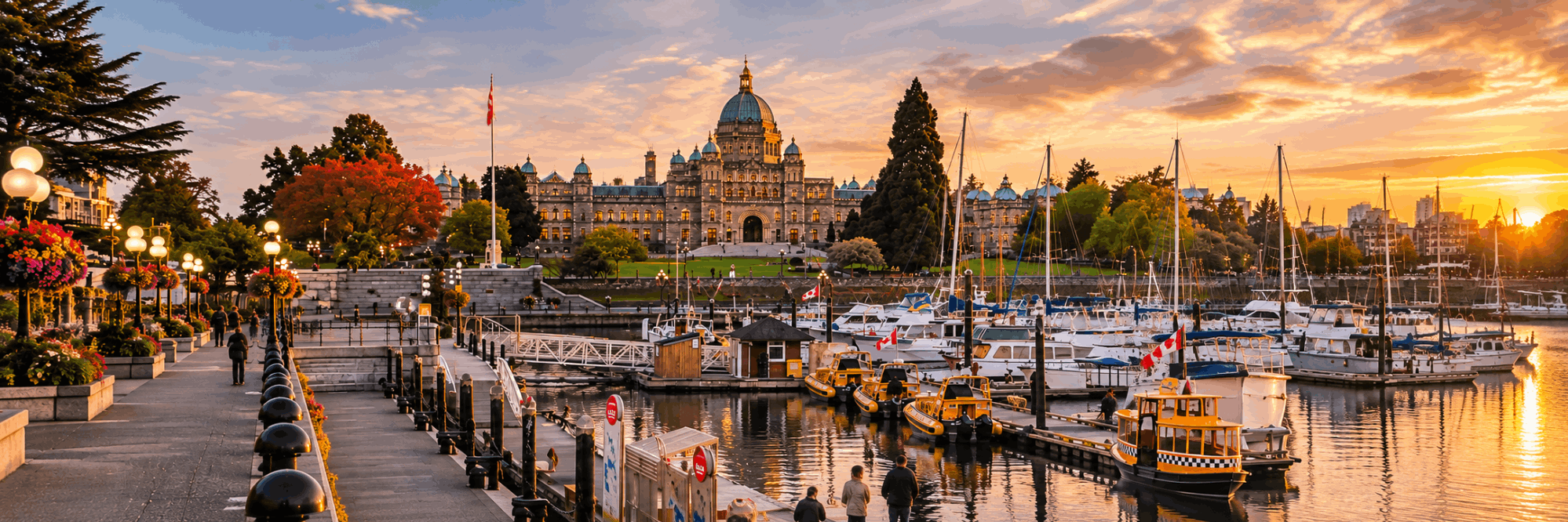 Victoria Inner Harbour and BC Parliament Buildings at sunset
