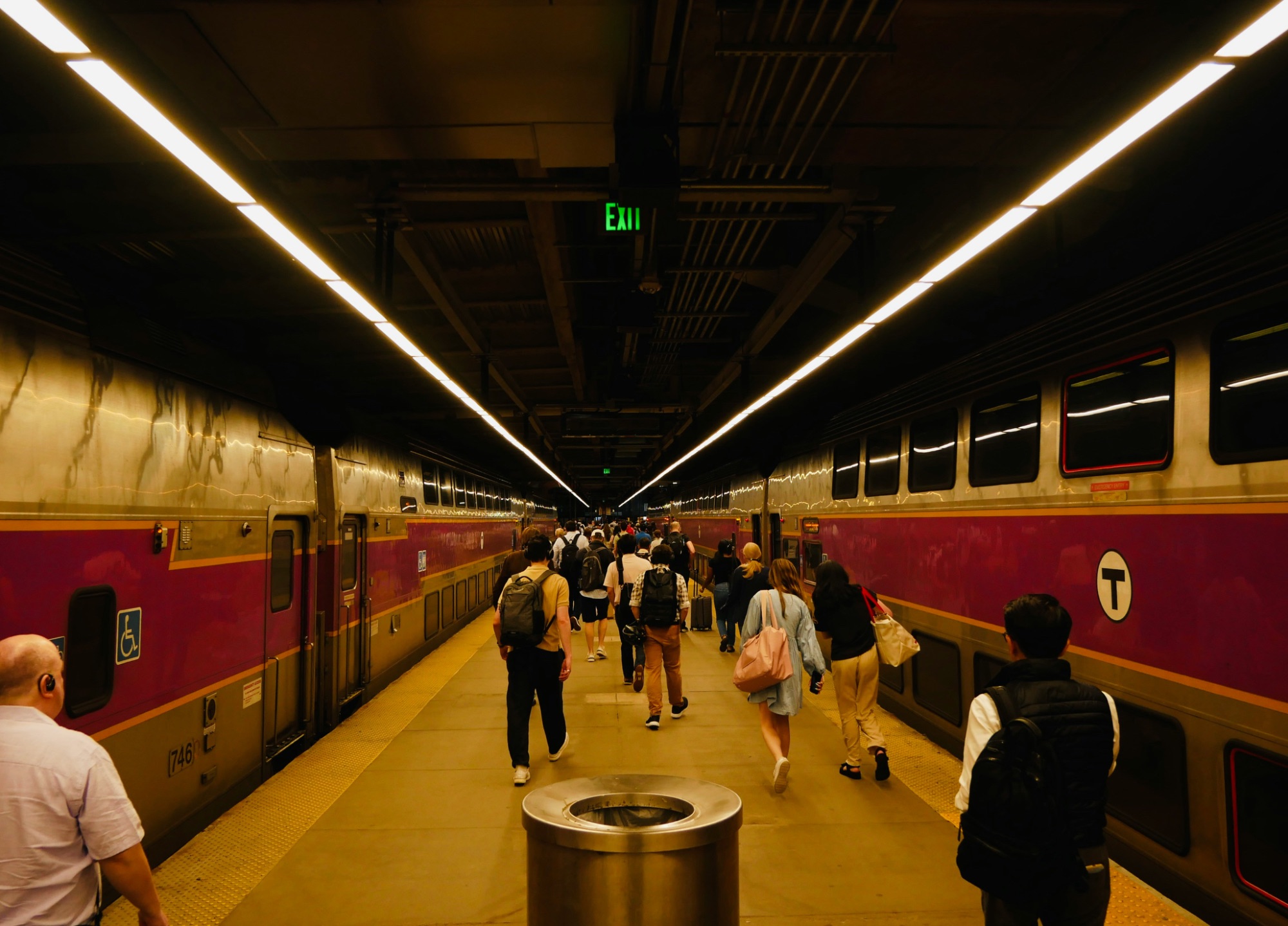 Crowded train platform in Boston during the commute
