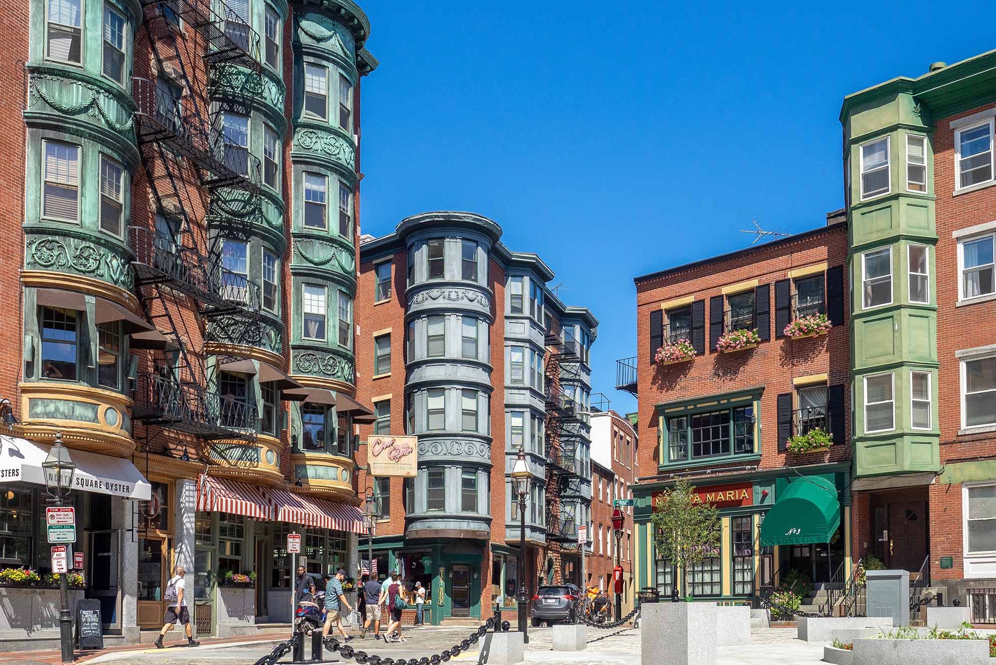 North End Boston street with restaurants and shops