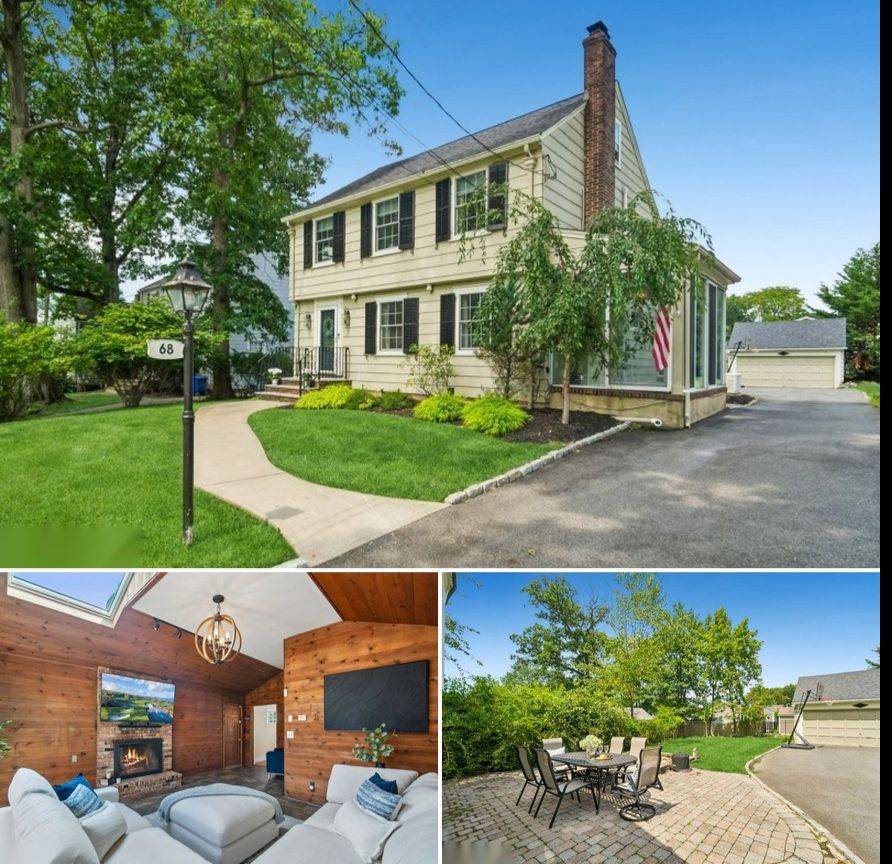 68 Linden Avenue, Verona — cream center-hall Colonial with black shutters, the vaulted family-room addition with brick fireplace, and the paver patio