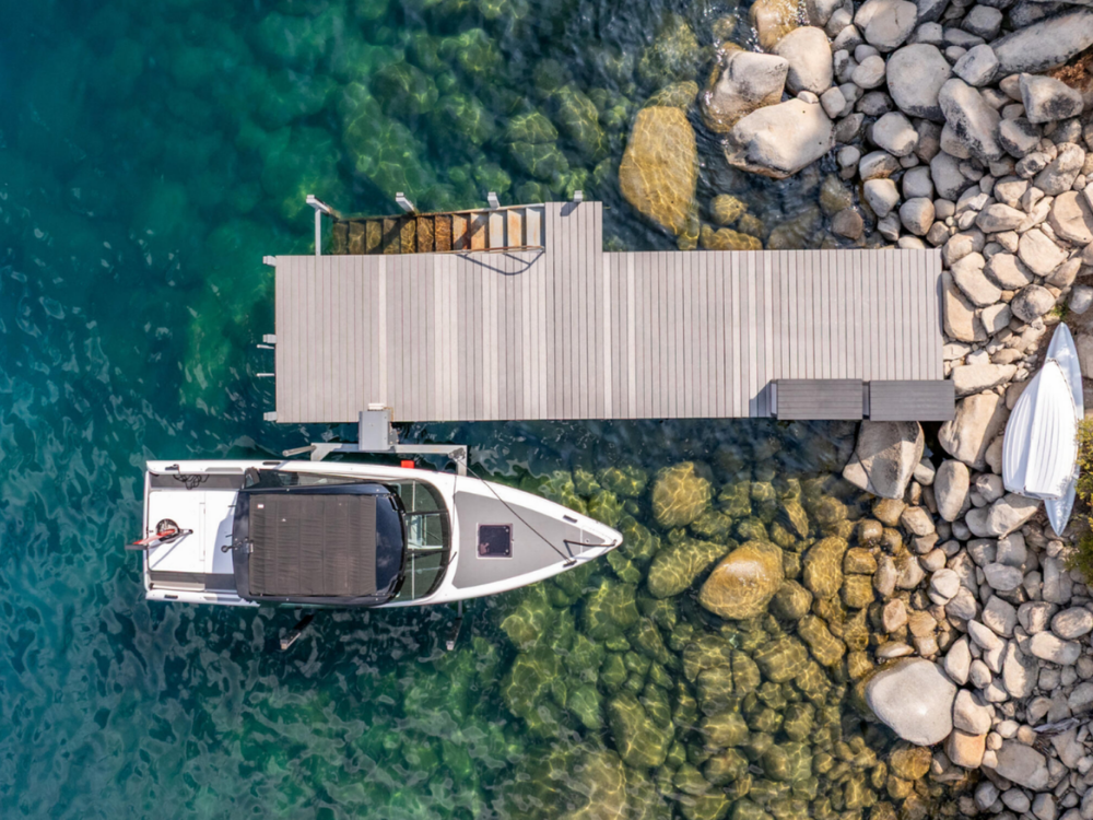 Lake Tahoe dock and boat aerial photo