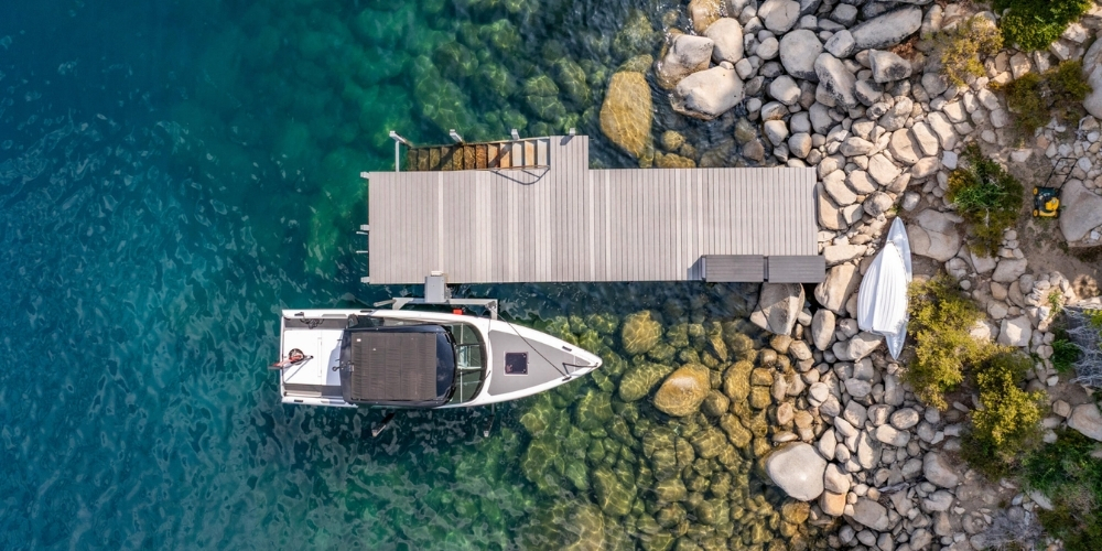 Crystal Bay private pier and turquoise water aerial view