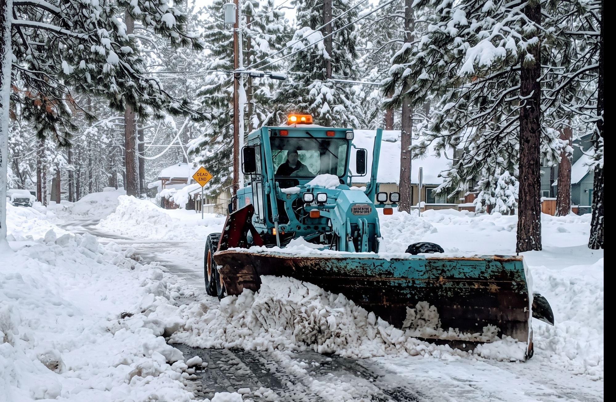 Snowplow clearing a residential street in Nevada Lake Tahoe after a Sierra storm