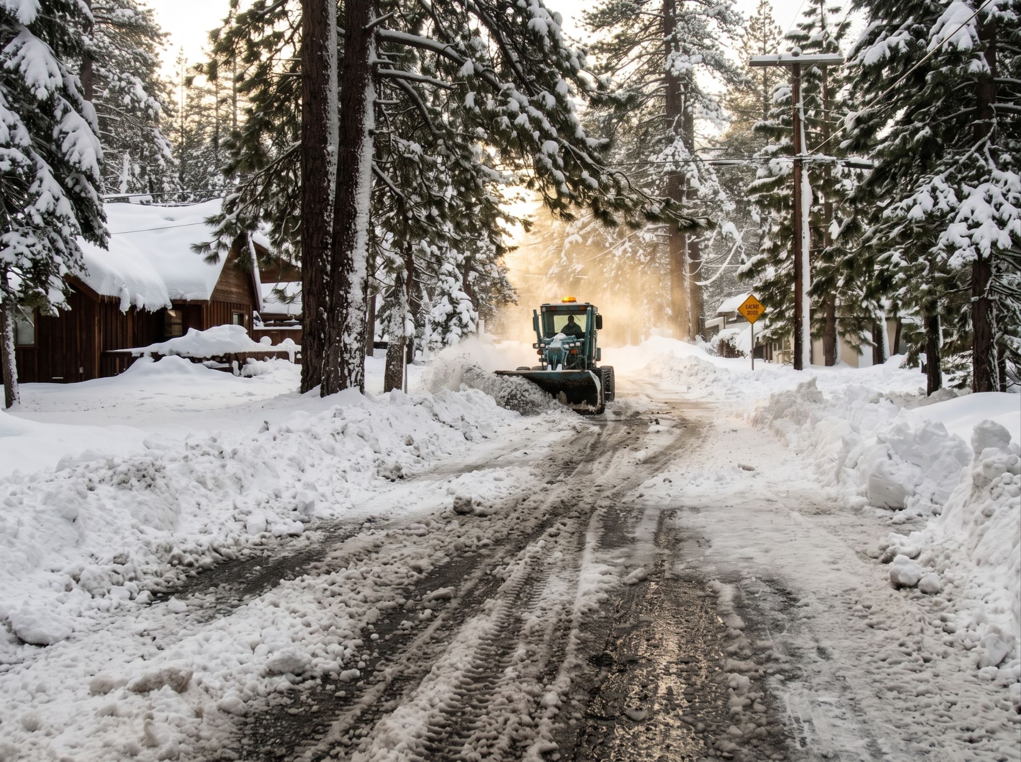 Professional snow removal crew clearing a Nevada Lake Tahoe residential driveway
