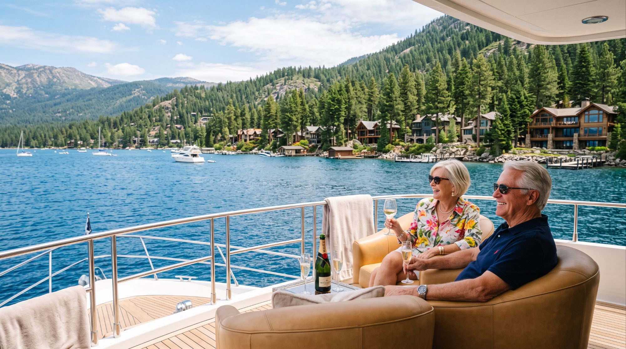 Luxury Lake Tahoe summer lifestyle captains boating and Nevada shoreline properties