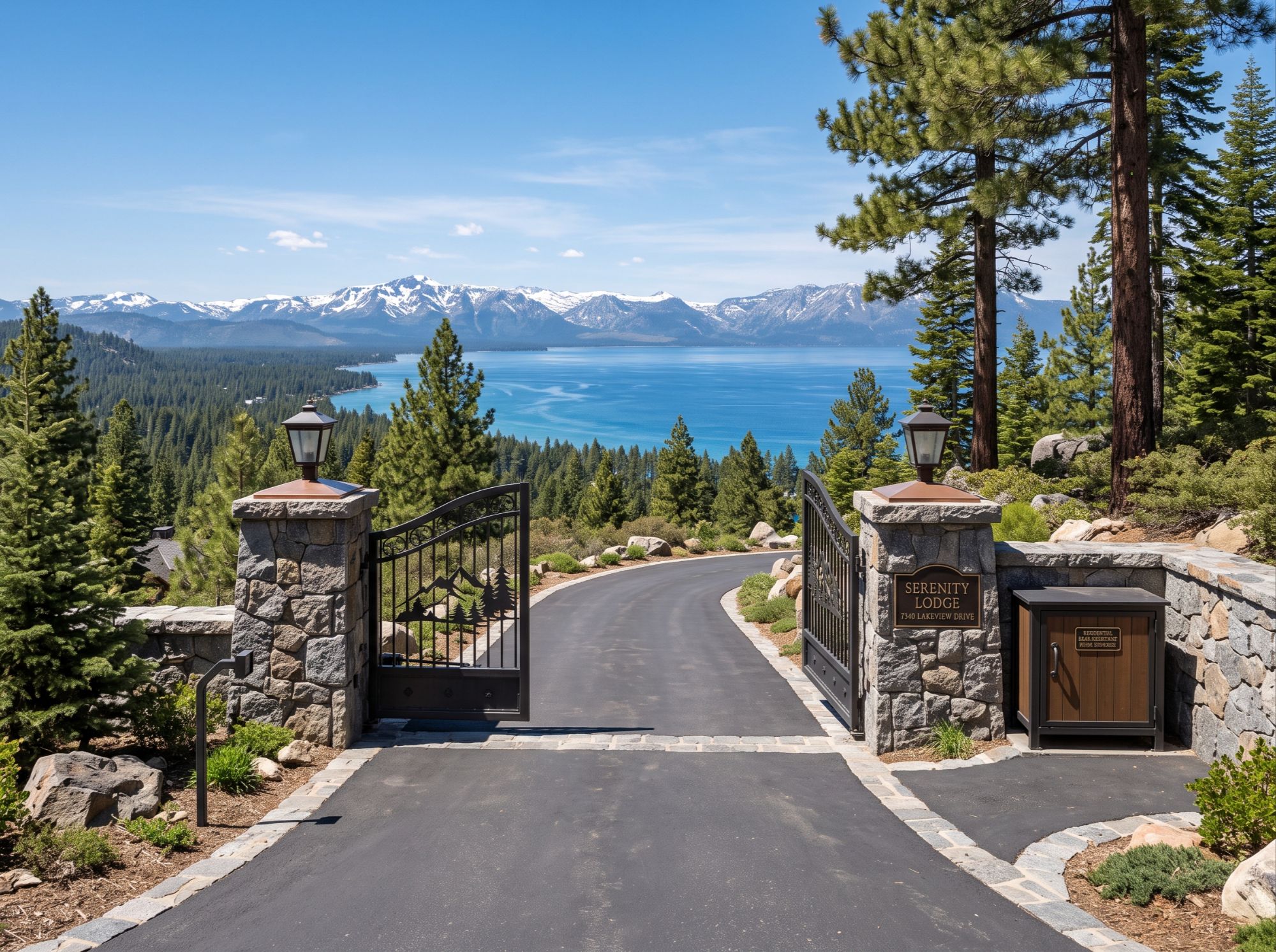 Luxury Lake Tahoe bear box curb appeal driveway gate landscaping and wildlife mitigation planning
