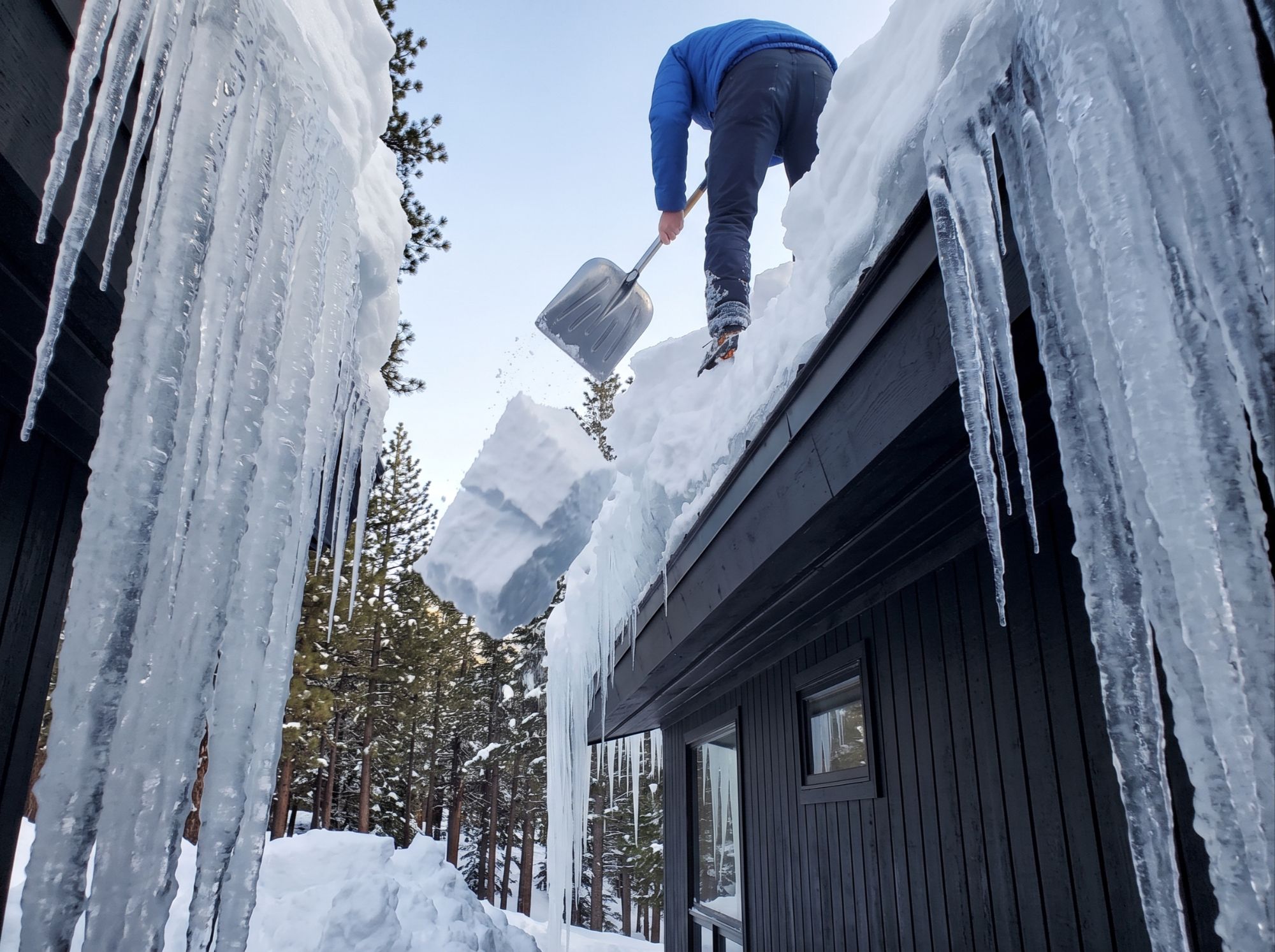 Ice dam and roof snow buildup on a Nevada Lake Tahoe mountain home