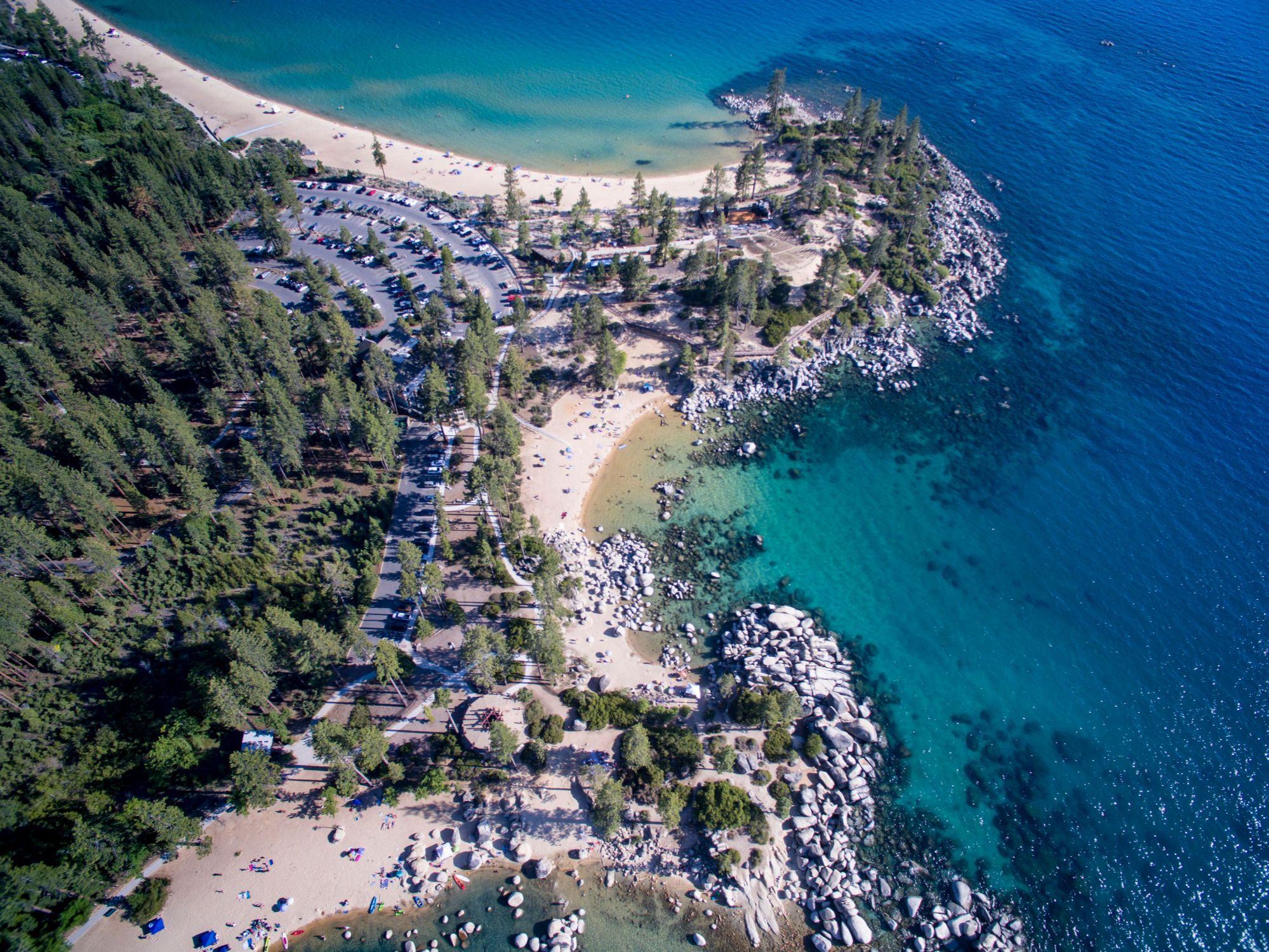 Aerial view of Nevada Lake Tahoe lakefront homes and private piers